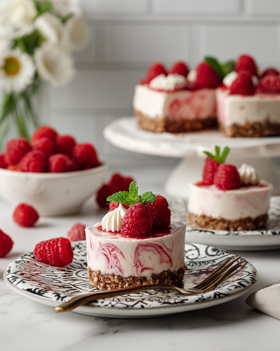 The image shows small round tarts placed on white plates with black decorative patterns and a gold rim. Each tart has three main layers: a crumbly brown crust, a smooth pink cream filling with swirls of red raspberry sauce, and a topping of fresh red raspberries and small white dollops of cream around the edge. Bright green mint leaves are placed between the raspberries, adding color contrast. A bronze fork lies next to the closest tart on the white marbled surface. In the background, there is a whole cake with similar layers topped with raspberries and cream, and a bowl filled with raspberries. Soft white flowers and green leaves are used as decoration. Photo taken with an iphone --ar 4:5 --v 7