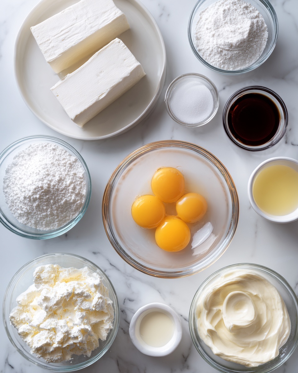 A top view of various clear glass bowls and one white plate arranged neatly on a white marbled surface, each holding different baking ingredients. In the center is a medium glass bowl with four raw egg yolks and whites visible. To the left, a white plate holds two rectangular blocks of soft, white cheese. Surrounding these are smaller bowls: one with white powdered sugar, one with a dark brown liquid (vanilla extract), one with a mound of white ricotta cheese, one with a large amount of white cream cheese, one with a pale yellow liquid (likely melted butter), one with a smaller amount of white powdered substance, and another small bowl with a clear yellowish liquid. All containers are clear glass except for the white plate, arranged in a balanced and clean layout. photo taken with an iphone --ar 4:5 --v 7
