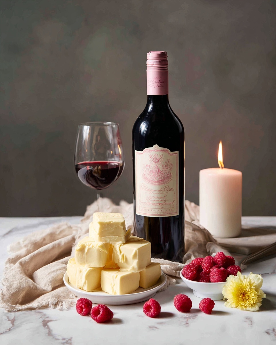 A bottle of dark red wine with a pink cap and label stands upright on a soft beige cloth. Next to the bottle is a clear glass filled halfway with the same dark red wine. In front, a white plate holds several chunky cubes of pale yellow butter, stacked unevenly. Bright red raspberries are scattered around and in a small white bowl nearby. To the right of the wine bottle is a white candle burning with a visible flame, and a small yellow flower lies beside it on the cloth. The background is a simple dark gray, and everything rests on a white marbled surface photo taken with an iphone --ar 4:5 --v 7