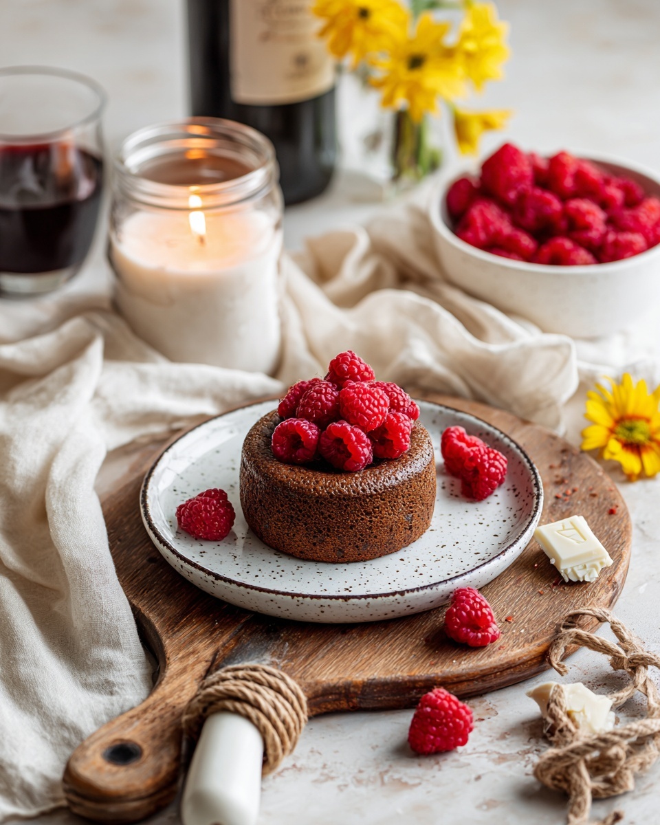 A small round dessert with a golden top forms the base, topped generously with bright red raspberries, all placed on a white plate with a brown rim. The plate rests on a wooden serving board that is scattered with small broken white chocolate pieces. Around the board, fresh raspberries spill out from a beige bowl, adding rich red color. A bottle of dark red wine and a filled wine glass sit nearby on a soft beige cloth, accompanied by a lit white candle and yellow and cream flowers, all set on a rustic wooden table with a white marbled texture beneath. photo taken with an iphone --ar 4:5 --v 7