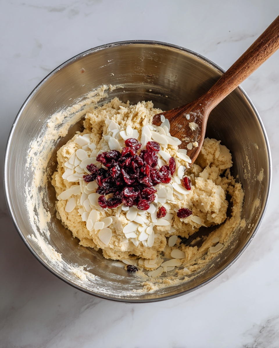 A large metal mixing bowl sits on a white marbled surface, filled halfway with light beige dough that has a soft, thick texture. On top of the dough, there is a clear layer of slivered white almonds piled mostly in the center. Over the almonds, there is a small mound of dark red dried cranberries, their shiny wrinkled surface standing out against the pale dough. A wooden spoon lies partially inside the bowl, its handle resting on the right edge, showing some dough residue on its rounded end. The sides of the bowl show traces of dough stuck in some places, adding texture to the scene. Photo taken with an iphone --ar 4:5 --v 7