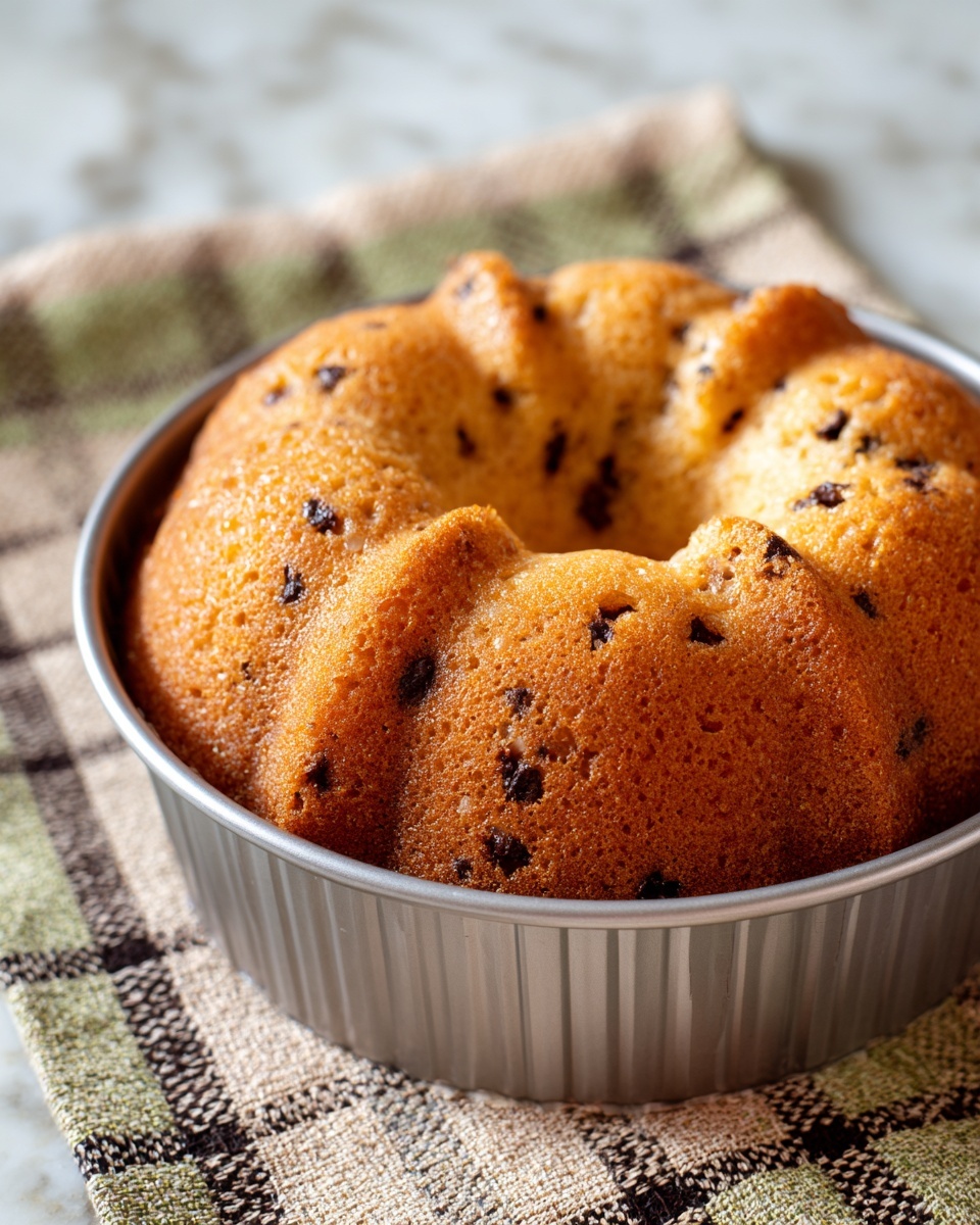 A single-layer round bundt cake with a textured golden-brown top, showing small cracks and embedded dark brown spots likely from dried fruit or nuts, sits in a silver fluted metal pan that slightly rises above the cake edges. The pan rests on a soft kitchen towel with a checkered pattern in shades of beige, yellow, and black. The background is a white marbled surface. photo taken with an iphone --ar 4:5 --v 7