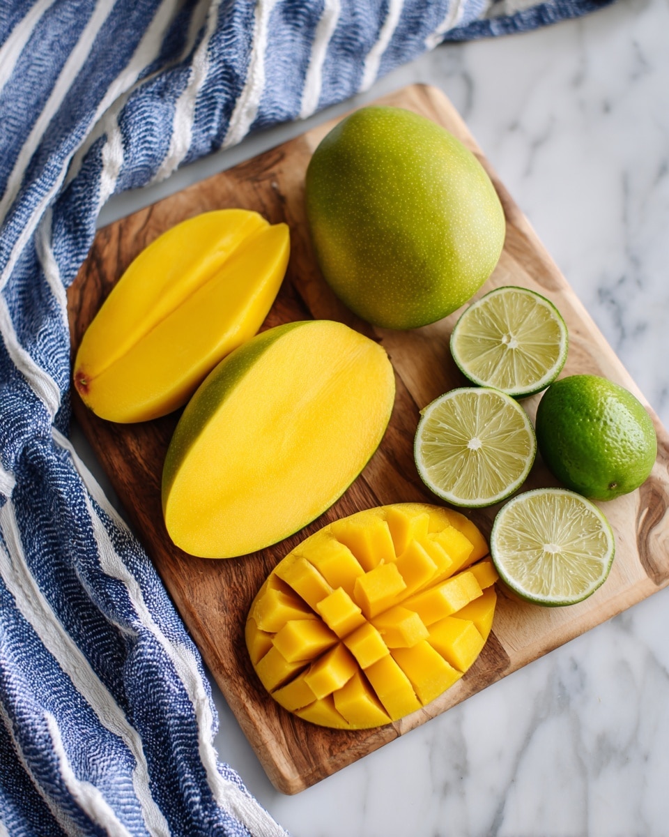 A wooden board with five mango halves arranged on it, four showing smooth yellow flesh and one cut into small cubes still attached to the peel, revealing bright yellow with clear edges; several lime wedges with a vibrant green peel and light green juicy inside are placed near the top right corner of the board; a blue and white striped cloth is partially visible under the top left corner; the board is on a white marbled surface. photo taken with an iphone --ar 4:5 --v 7