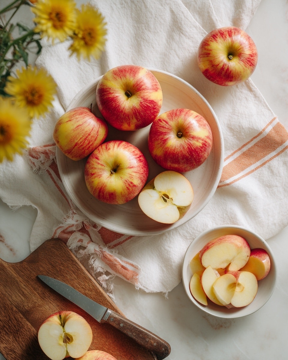 A round white bowl filled with seven whole red and yellow apples sits on a folded white cloth with orange stripes, placed on a white marbled surface. To the right of the bowl, there is a small white bowl filled with many thin apple slices. Below it is a small wooden cutting board with a silver knife with a black handle resting on it. On the board, there are two apple halves showing the seeds inside. Two more apple halves are placed directly on the white marbled surface to the top right and bottom left of the main bowl. Yellow flowers with green centers are partially visible on the upper left side, adding a bright touch to the soft rustic setting. Photo taken with an iphone --ar 4:5 --v 7