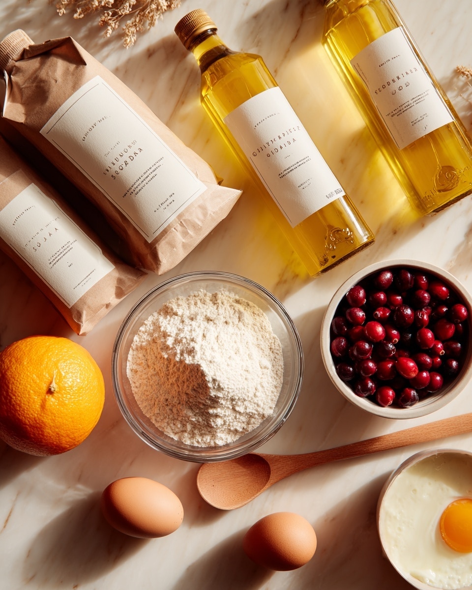 The image shows a collection of ingredients placed closely together on a white marbled surface. At the back, there are three bags of flour and baking soda in soft beige and white packaging with clear text, and bottles of olive oil, apple cider vinegar, and maple syrup with yellow caps. In front, a small clear glass bowl holds a white powder, possibly flour, next to a small white bowl filled with bright red cranberries. Two brown eggs are placed to the right, and a wooden spoon with a light brown color lies flat in the foreground. A single orange fruit is partially visible on the left side. The overall setting is bright and warm, with soft light enhancing the natural colors of the ingredients. photo taken with an iphone --ar 4:5 --v 7