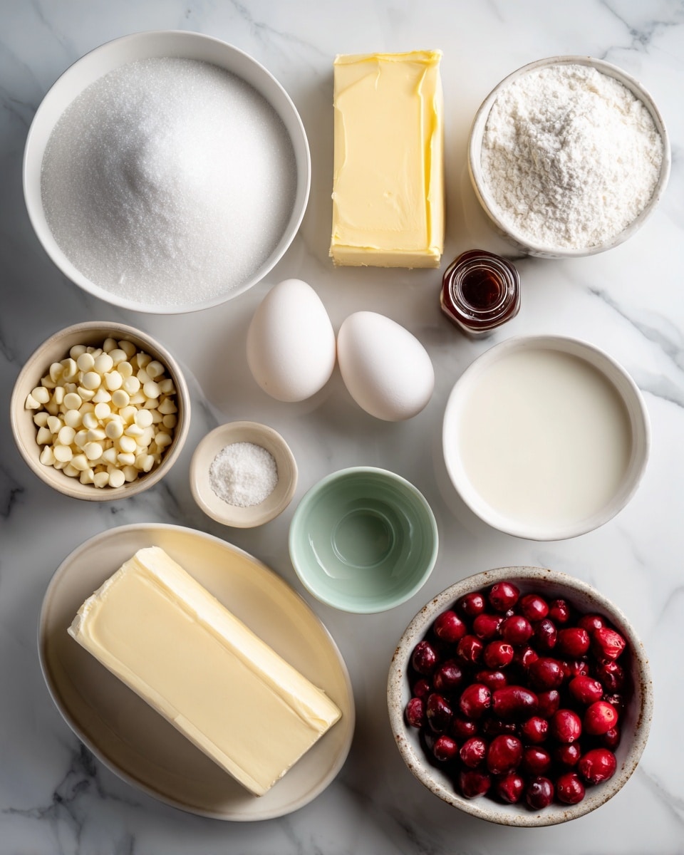 The image shows various baking ingredients neatly arranged on a white marbled surface. At the top left is a white bowl filled with granulated white sugar, next to it on the right is another white bowl filled with powdered sugar. Below the powdered sugar is a pale yellow stick of butter. To the right of the butter is a small white bowl holding two white eggs. Below the sugar bowl is a white bowl with a light liquid, likely milk, and next to it on the right is a tiny green bowl with baking soda or baking powder. Below and to the right is another small light beige bowl with salt. On the bottom left is a white bowl full of white chocolate chips. In the middle bottom is a block of Philadelphia cream cheese in its box. To the right of the cream cheese is a rustic light gray bowl filled with fresh red cranberries. Above the cream cheese is a small dark jar labeled vanilla bean paste. Everything is spread neatly on the white marbled surface with natural light. Photo taken with an iphone --ar 4:5 --v 7