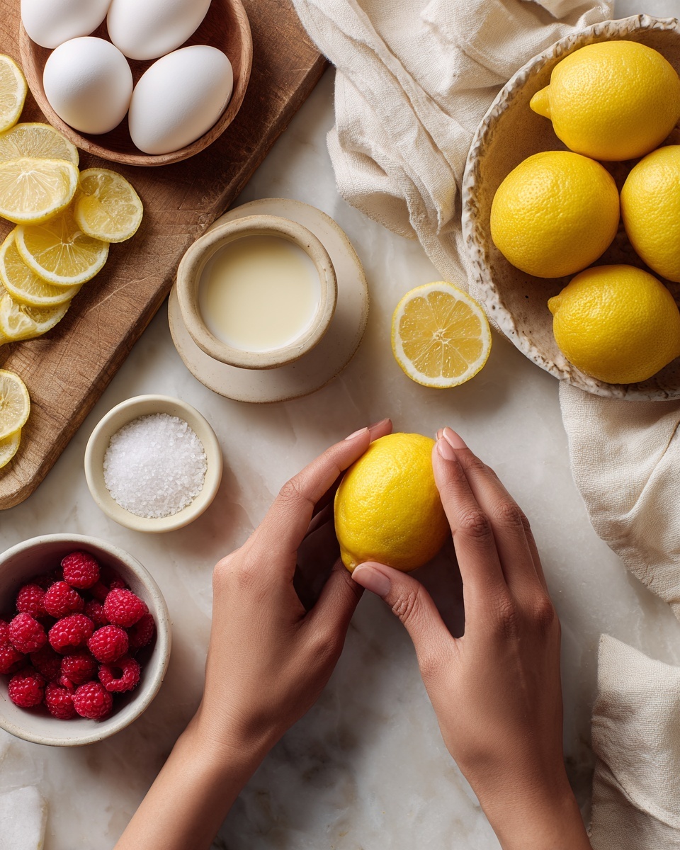 A pair of woman's hands are slicing a bright yellow lemon in the center of the image, placed over a white marbled surface. To the upper right, there are whole lemons partially wrapped in a soft cream-colored cloth, with a lemon half nearby. Near the center, a beige bowl holds six white eggs. To the left, a wooden board displays thin lemon slices, a small bowl of fresh red raspberries, and a white cup with a creamy liquid. At the top middle, there is a small bowl of coarse salt. At the bottom left, a bowl contains white powder, and at the bottom right, another bowl of raspberries is visible. The whole scene is illuminated softly, with natural colors and textures. photo taken with an iphone --ar 4:5 --v 7