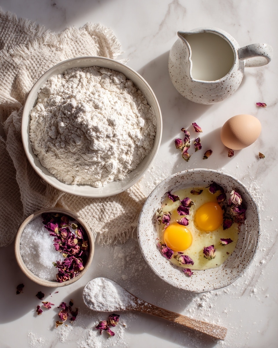 A white speckled bowl sits in the lower right filled with two raw egg yolks, egg whites, milk, and dried rose petals scattered on top; next to it, two whole eggs rest on a white marbled surface dusted with flour. Above the bowl, a small speckled pitcher holds milk, casting a soft shadow. To the left, a round white bowl filled with flour rests on a beige textured cloth with more dried rose petals scattered around. A small white bowl filled with sugar and rose petals is near the flour bowl, and a wooden spoon with a pinch of white powder lies diagonally across the marble surface, all set against the white marbled background. photo taken with an iphone --ar 4:5 --v 7