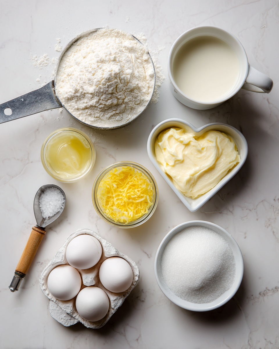 This image shows baking ingredients arranged on a white marbled surface. At the top left, there is a metal measuring cup filled with white flour. To its right, a white cup holds a creamy white liquid, likely milk. Below the flour, there is a small glass jar with melted yellow butter. Next to it on the right, a white heart-shaped dish contains yellow lemon zest. At the bottom left, a white egg carton holds three white eggs with one slot empty. Below the lemon zest, a small wooden-handled measuring spoon is filled with a bit of salt. To the bottom right, a small white bowl holds white granulated sugar. The items are spaced softly across the surface. Photo taken with an iphone --ar 4:5 --v 7