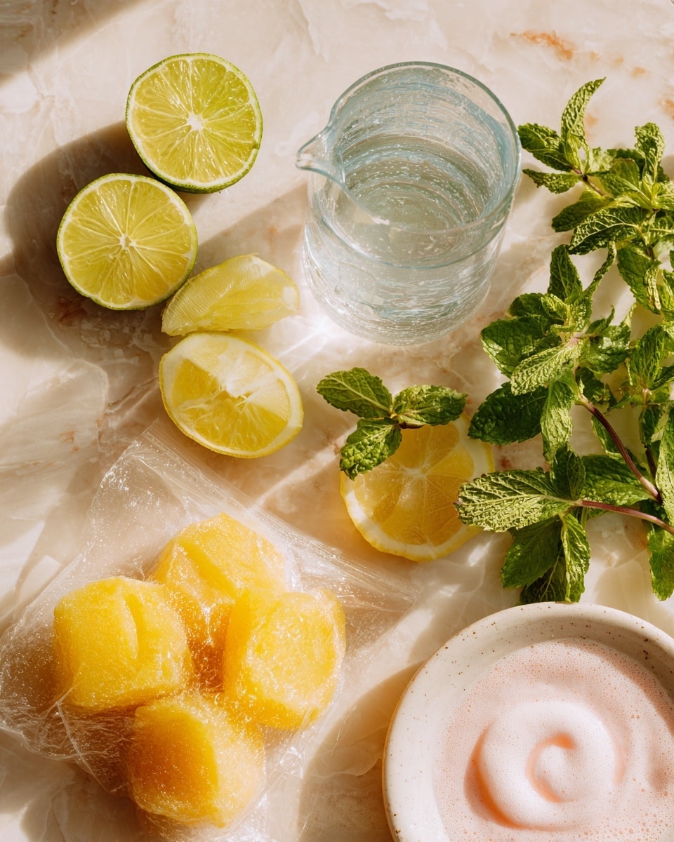 A bag of frozen Lulo Naranjilla pulp with bright yellow-orange fruit pieces inside sits on a white marbled surface. Around it are three slices of lime stacked vertically on the left, a few cut lime and lemon wedges scattered nearby. There are fresh green mint sprigs with textured leaves extending from the top right to the bottom left. On the top left is a clear glass measuring cup filled with water, and at the bottom right, a white plate holds a swirl of light pink frothy foam. The lighting is soft and natural, highlighting the colors and textures with gentle shadows photo taken with an iphone --ar 4:5 --v 7