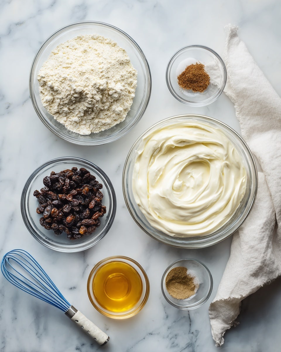 A top-down view of six small round glass bowls arranged on a white marbled surface, each containing different ingredients: the largest bowl on the left holds a light beige flour mix with some clumps, the large bowl on the right contains thick white yogurt with soft swirls, a medium bowl below the yogurt is filled with dark dried raisins or currants, a small empty bowl near the flour, a small bowl with brown spices next to the dried fruit, and a small bowl with golden honey near the bottom left. A blue and white whisk lies near the lower right corner, and a soft white cloth is placed behind the yogurt bowl. Photo taken with an iphone --ar 4:5 --v 7