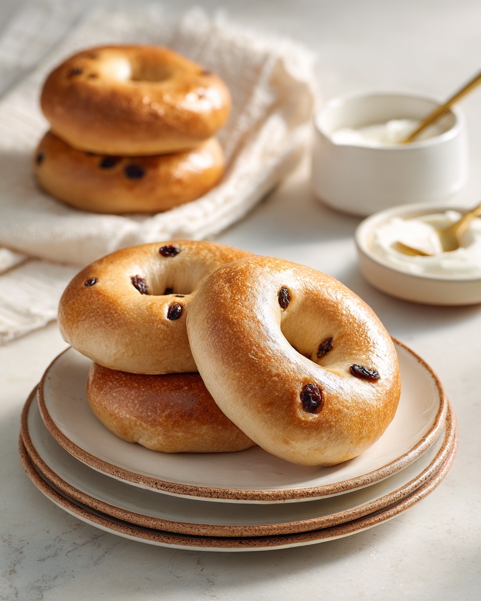 Three golden brown bagels with dark spots of raisins are placed closely together on a stack of two white plates with a thin brown rim, the plates resting on a white marbled surface. To the left, two more bagels sit wrapped in a white linen cloth that is slightly crumpled, and in the background on the right, there is a small white bowl filled with white cream, with a gold spoon partially dipped inside. The scene is lit naturally, highlighting the soft texture of the bagels and the smooth cream. photo taken with an iphone --ar 4:5 --v 7