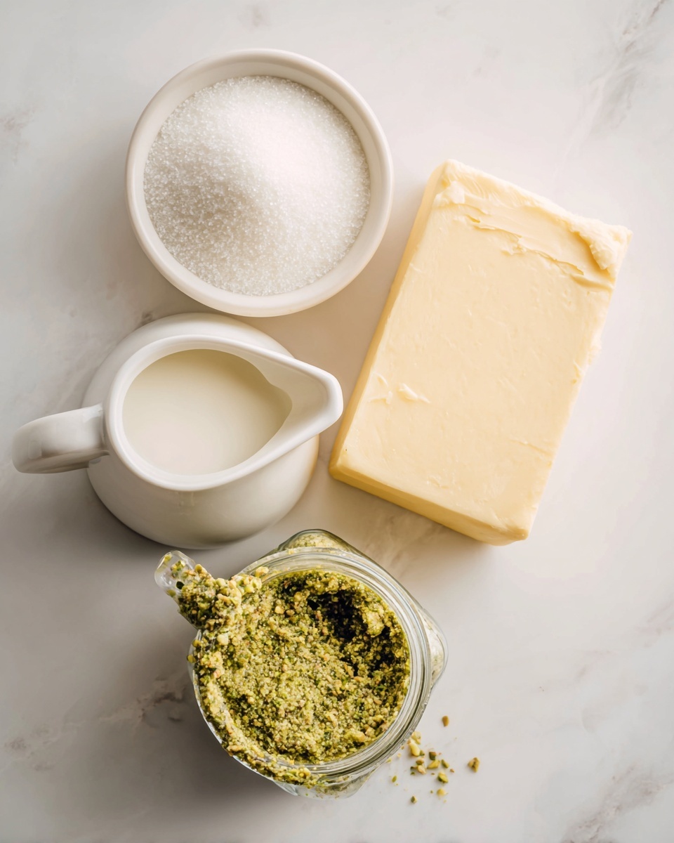 The image shows four ingredients on a white marbled surface. On the top left, there is a small white bowl filled with white granulated sugar. To the right of the sugar, a block of pale yellow butter rests flat. Below the butter, there is a small white ceramic pitcher holding white milk or cream. On the bottom left, there is an open jar tipped on its side, filled with green pistachio spread, with some spread visible near the jar opening. photo taken with an iphone --ar 4:5 --v 7
