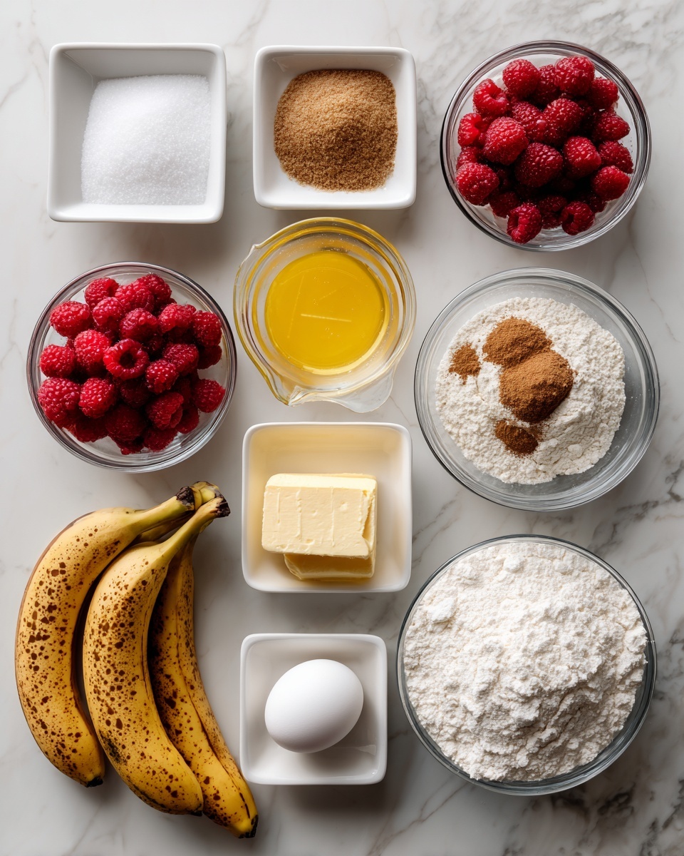 The image shows various baking ingredients placed on a white marbled surface, each in clear glass or white square bowls, arranged neatly. Starting from the top left, a white square bowl contains salt, next to it is another white square bowl with baking soda, and beside that is a white square bowl with baking powder. Below the salt is a glass bowl with brown sugar, and in the center, a glass measuring cup holds melted yellow butter. Next to the butter bowl is a small white square bowl filled with brown cinnamon powder. Below these is a large glass bowl filled with white flour, and to the right of it is a glass bowl holding a single white egg. At the bottom left, three ripe bananas with dark spots lay next to a glass bowl filled with bright red raspberries. Each ingredient is clearly labeled with black text. Photo taken with an iphone --ar 4:5 --v 7