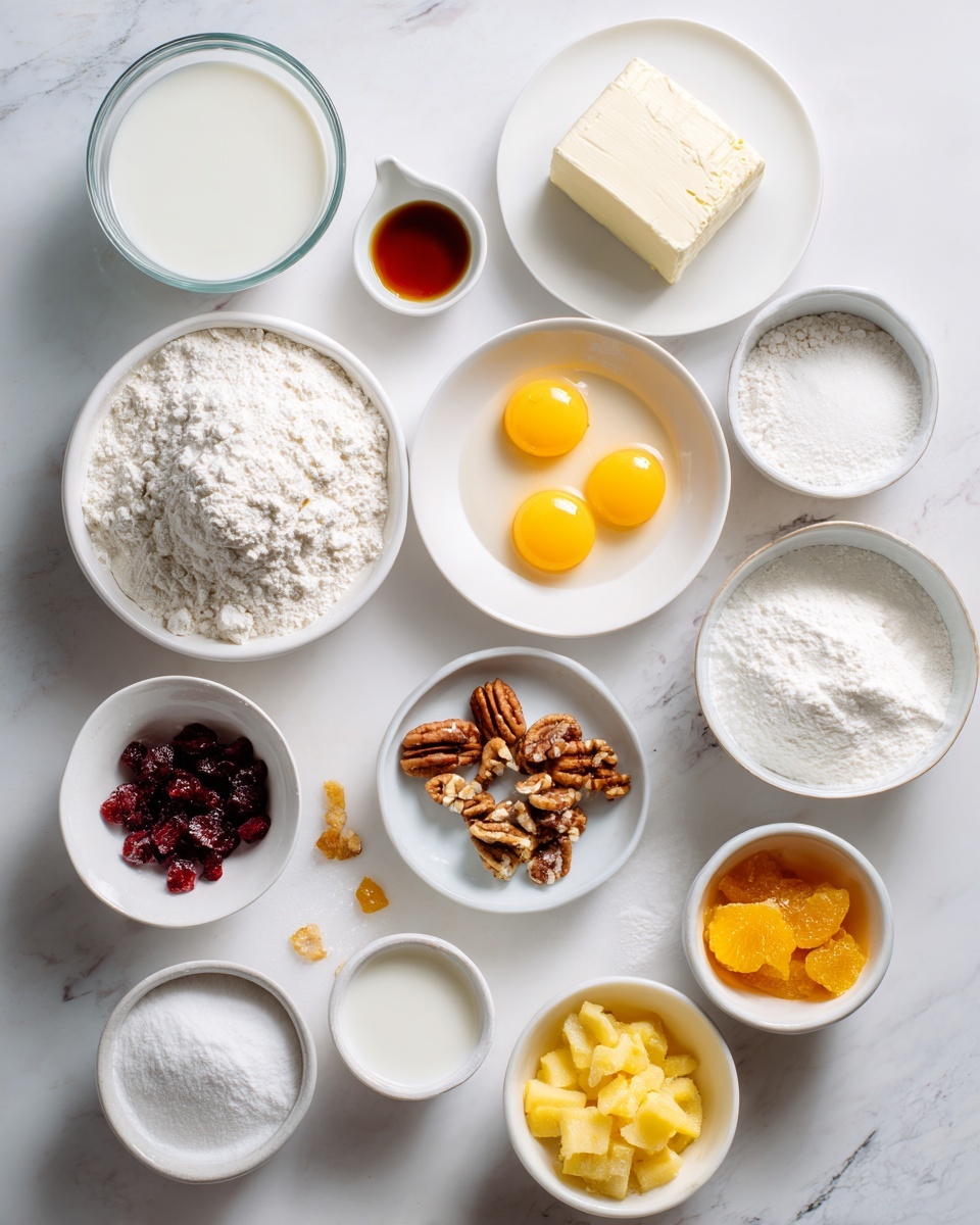 The image shows multiple small white bowls and plates arranged on a white marbled surface, each containing different baking ingredients. From the top left, there is a small clear bowl filled with white milk, next to a white plate holding a large block of cream cheese. Below these are two tiny white bowls with white baking soda and baking powder powders. Nearby, a small white bowl of vanilla extract is placed next to a large clear bowl filled with powdered sugar, and a medium white bowl filled with white sugar is placed slightly to the right. There is a white plate holding four bright yellow egg yolks, and in the middle, a small white bowl contains broken pecans, and another bowl holds pieces of candied ginger and dried cranberries. To the right, a small bowl is filled with mashed bananas. Near the bottom, a medium white bowl contains yellow melted butter, with small white bowls nearby holding white milk, vanilla extract, and white sugar. A small white plate has a pile of white flour, completing the collection of ingredients on the smooth white marbled background. photo taken with an iphone --ar 4:5 --v 7