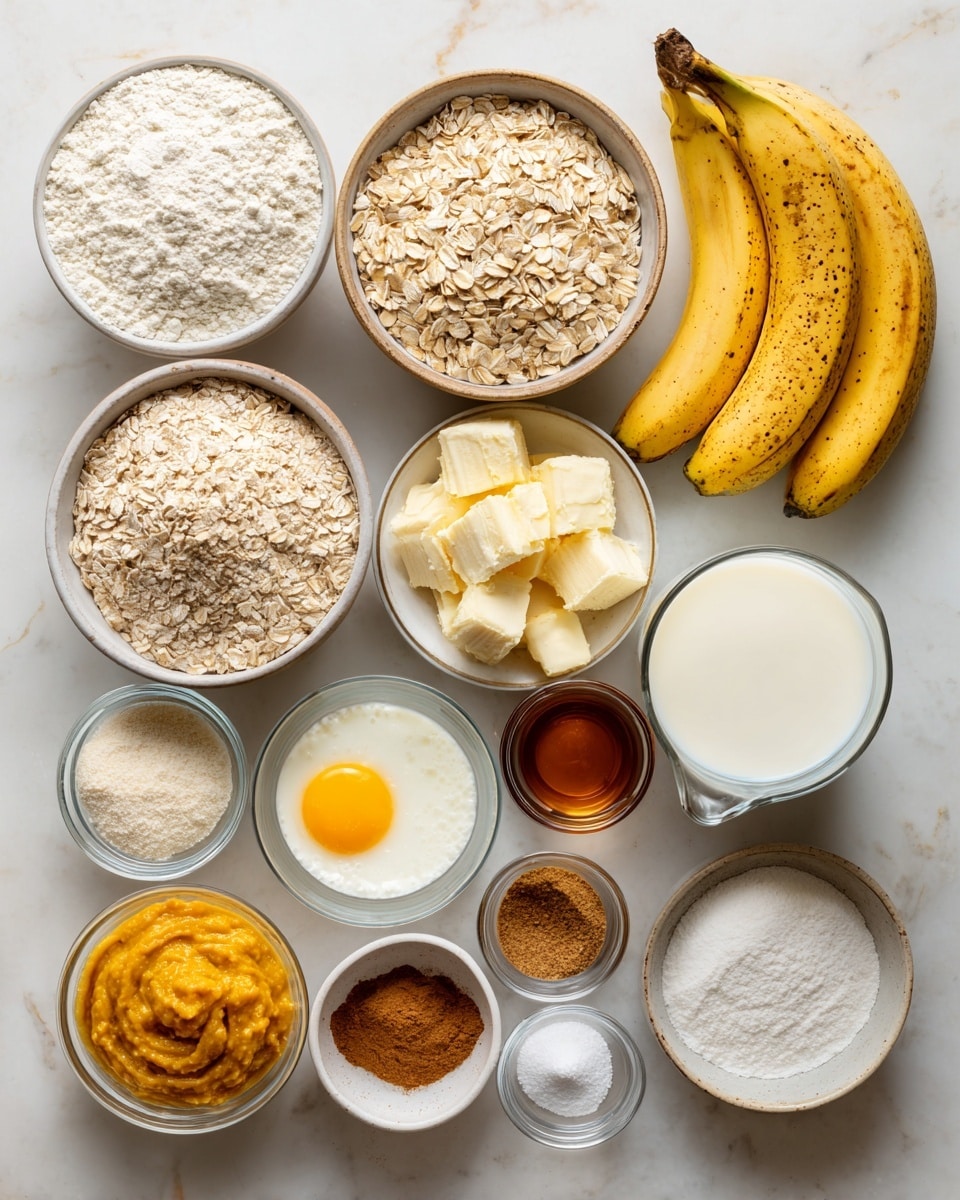 The image shows a collection of clear glass bowls and two ripe bananas arranged neatly on a white marbled surface. There are eleven bowls in total, each containing a different ingredient. Starting from the top left, a bowl filled with white whole wheat flour and next to it a bowl with thick, white Greek yogurt. Below those, a bowl of beige rolled oats is placed centrally. To the right, the two speckled yellow bananas rest beside a bowl with light yellow melted butter. Below the oats, there is a small bowl with a raw egg showing a bright yellow yolk, next to it a bowl of amber-colored maple syrup. A tall glass holds white milk next to this. Near the bottom of the arrangement, a bowl of bright orange pumpkin puree is placed to the left, and next to it are smaller bowls containing white baking powder, brown cinnamon, brown pumpkin spice, white salt, and white baking soda. Each ingredient is clearly labeled with simple black-and-white text tags. The overall look is clean and organized, with soft, natural lighting. photo taken with an iphone --ar 4:5 --v 7