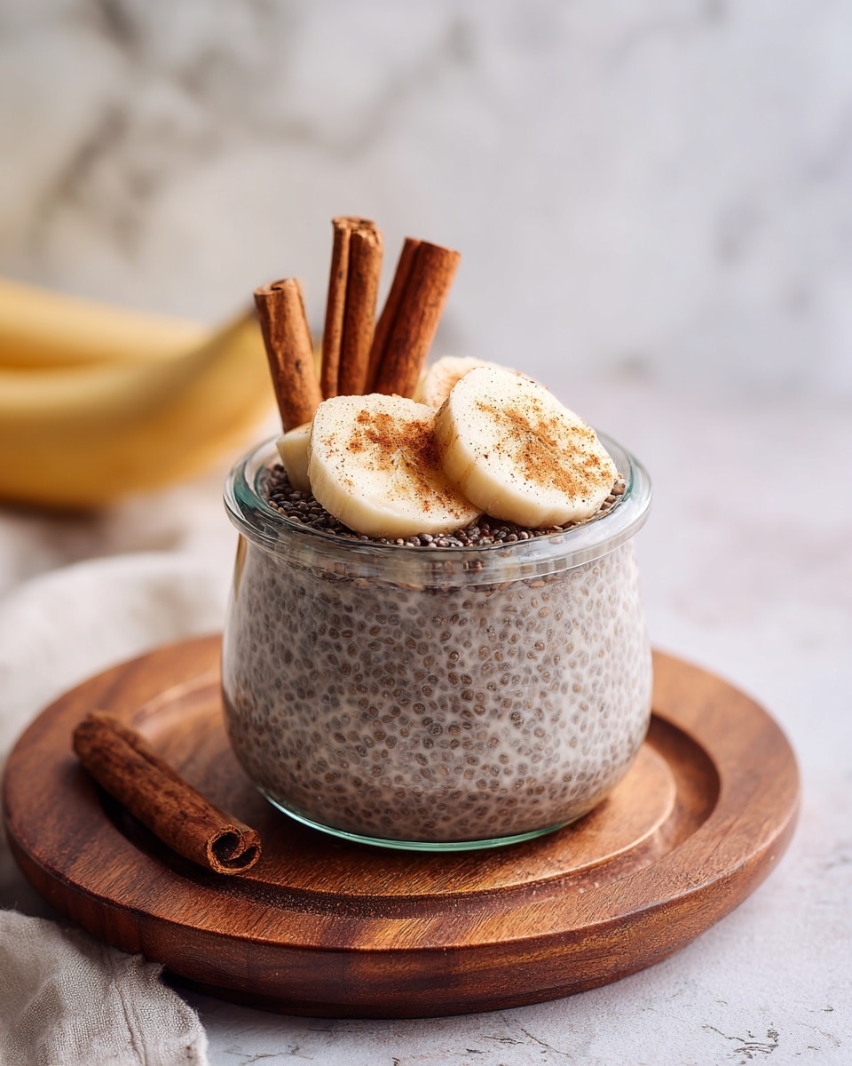 A clear glass jar filled with a thick, speckled light grey pudding-like layer, topped with three round slices of pale yellow banana, sprinkled lightly with brown powder, and two upright cinnamon sticks placed on one side. The jar sits on a round wooden surface with a white marbled texture in the background. Another similar jar and a yellow banana are blurred in the background, giving a cozy and fresh look. photo taken with an iphone --ar 4:5 --v 7