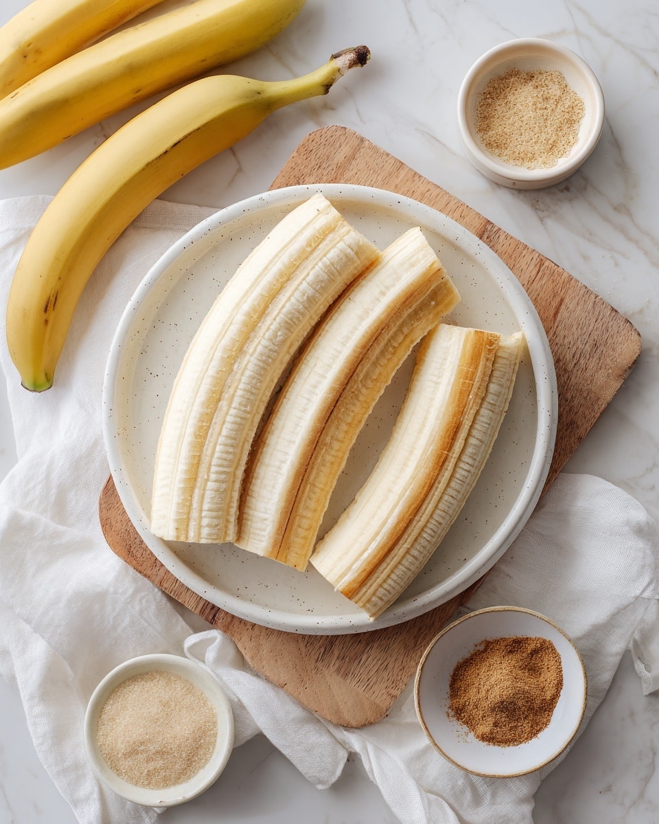 The image shows four long, peeled banana halves arranged side by side on a speckled white round plate. The bananas are pale yellow with light brown vertical lines running down their centers. The plate is placed on a light wooden cutting board, which rests on a white cloth with soft folds. Around the plate are three roasted whole bananas with bright yellow skins, one peeled banana skin laid open on the board, a small white bowl filled with light brown powder, another white bowl with a brown coarse substance, and an empty white round bowl. The whole setup is on a white marbled surface. photo taken with an iphone --ar 4:5 --v 7