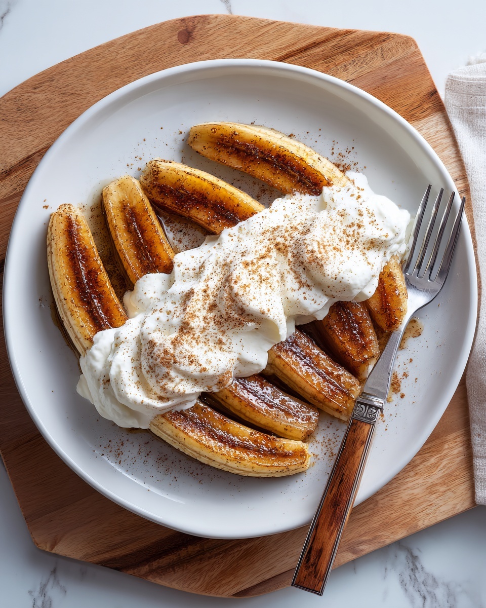 A white plate holds four long, caramelized plantain slices with dark golden-brown edges, arranged parallel to each other. On top of the plantains is a scoop of white ice cream melting slightly, sprinkled with light brown cinnamon powder. A silver fork with a wooden handle rests on the right side of the plate. The plate sits on a light wooden board placed on a white marbled surface, with blurred kitchen items in the background. Photo taken with an iphone --ar 4:5 --v 7