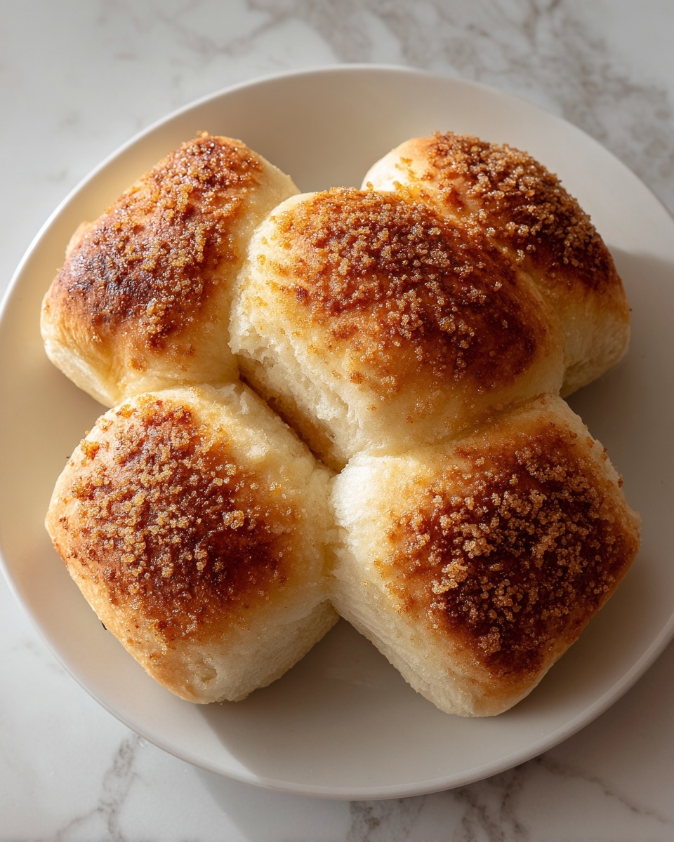 There are four golden-brown fried rolls placed in a small pile on a round white plate with a simple raised edge design. The rolls have a crispy texture with some visible crystallized sugar sprinkled on top, giving a slightly sparkling effect. The background is a white marbled surface, with part of a glass and a fork set seen blurred in the frame. The lighting is soft and natural, highlighting the warm tones and crunchy texture of the rolls. Photo taken with an iphone --ar 4:5 --v 7