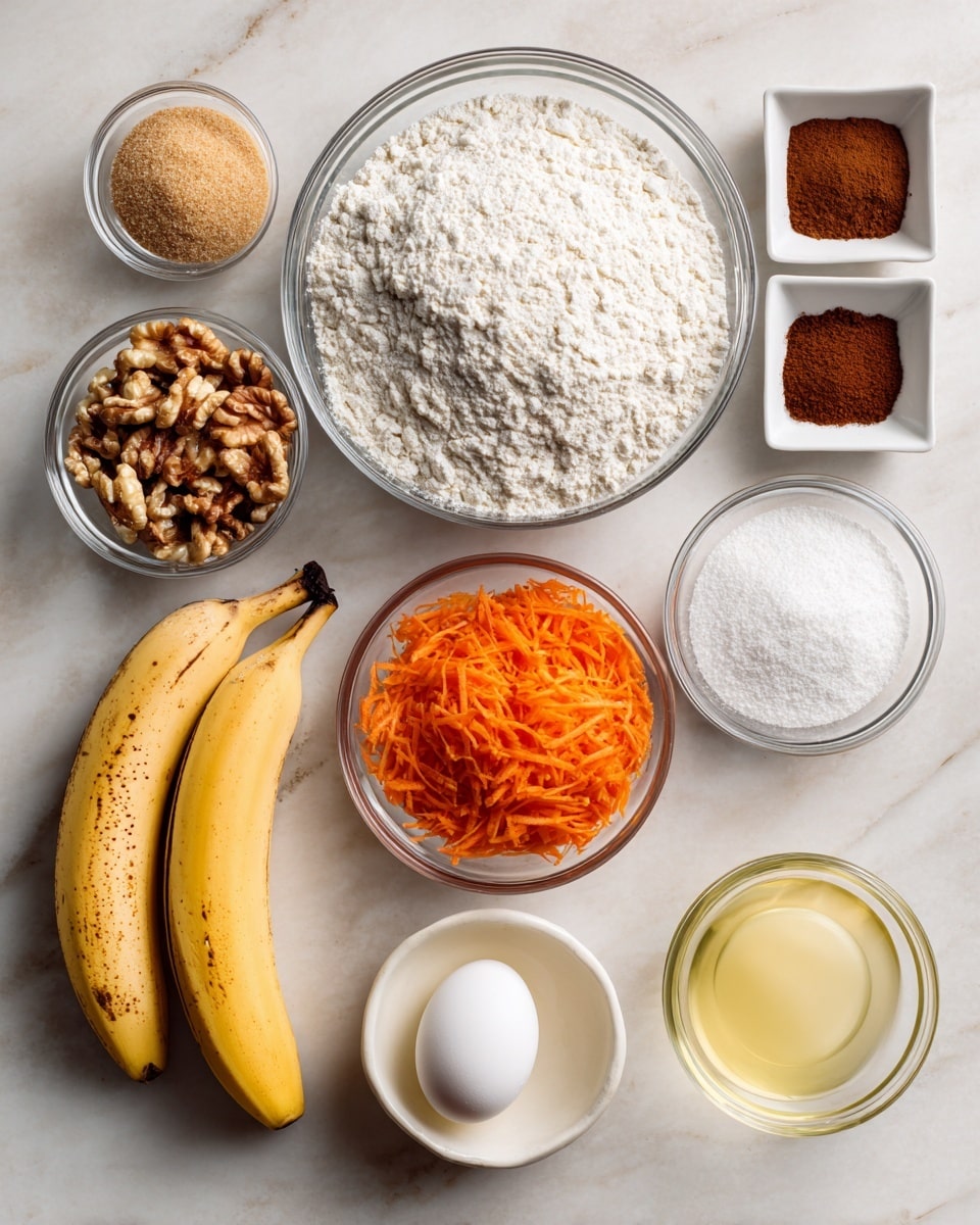 The image shows a white marbled surface with various ingredients arranged neatly for a recipe. In the center, there is a clear round bowl filled with white flour. Above it to the right are three small white square dishes: the left one contains brown cinnamon powder, the middle one holds white baking powder, and the right one has white baking soda with some salt. To the left of the flour, there is a clear bowl with light brown brown sugar, and above that, a clear bowl filled with mixed nuts. Below the nuts and brown sugar are two ripe bananas with brown spots. To the right of the bananas is a clear round bowl filled with bright orange shredded carrots. Below the flour is a clear cup holding a white egg, and next to it to the right, a clear measuring cup with pale yellow oil. Above these is a dark vanilla bottle placed on the surface. All items are spaced evenly on the white marbled surface. photo taken with an iphone --ar 4:5 --v 7