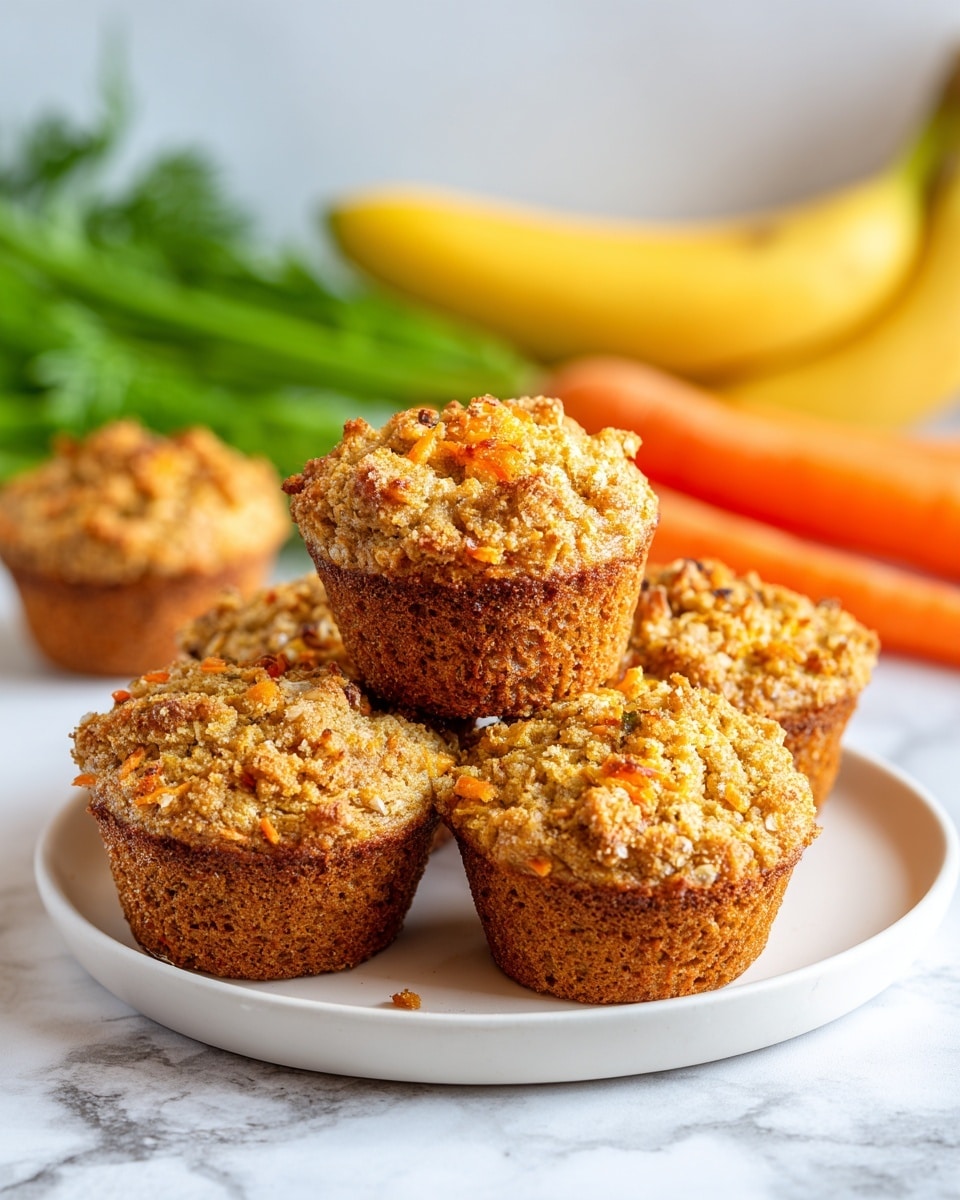 The image shows a close-up of five muffins arranged on a white plate with a white marbled surface in the background. The muffins are golden brown with a textured, slightly rough top that shows small bits of carrot and other ingredients. The muffin liners are white and ridged, holding the muffins firmly. In the background, there are green carrot tops and an out-of-focus orange carrot, adding a fresh touch to the scene. The lighting highlights the muffins' moist and soft texture well. photo taken with an iphone --ar 4:5 --v 7