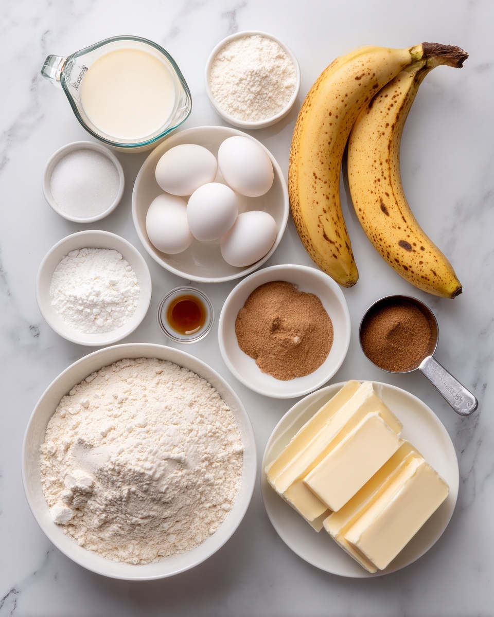 A white marbled surface holds an arrangement of baking ingredients, each in white bowls or clear containers, labeled clearly. Starting from the bottom left, there is a large white bowl filled with pale ap flour, next to three ripe yellow bananas with brown spots placed diagonally. Above them lies a small white bowl of white sugar. To the top left, a clear glass measuring cup shows creamy buttermilk. Nearby, a white bowl contains three white eggs. Between the eggs and bananas, there is a small white bowl of baking powder, and above that, a teaspoon-sized white dish with vanilla extract. Next to the eggs, a white bowl holds cinnamon powder, and beside that is another white bowl with ground nutmeg. A metal measuring cup filled with light brown sugar is placed toward the top right, and a small white dish holds salt. Finally, a white bowl with several thick slices of butter is positioned centrally on the marble surface. All items are neatly spaced and clearly labeled. Photo taken with an iphone --ar 4:5 --v 7