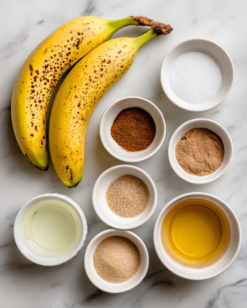 The image shows two whole yellow bananas with small brown spots positioned on the left side on a white marbled surface. On the right side, there are six small white bowls arranged loosely: one bowl holds white salt, next to it is a bowl with brown cinnamon powder, below is a bowl with light brown sugar, to the left of that is a bowl filled with clear water, next to it is a bowl of light yellow oil, and at the bottom sits a bowl containing golden honey. Each item is labeled with black text on a white background placed directly above or near the ingredient. photo taken with an iphone --ar 4:5 --v 7