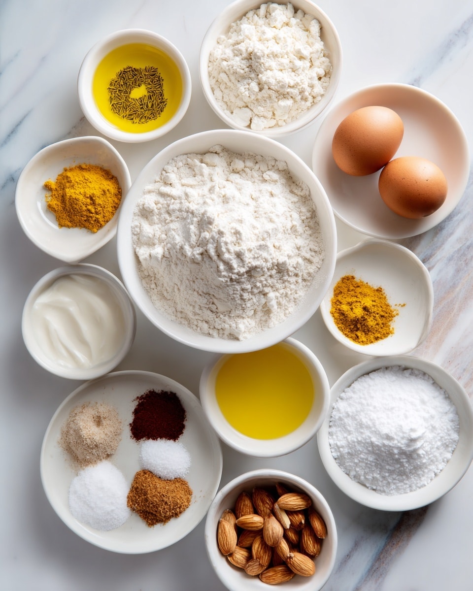 Several small white bowls and plates with different ingredients are placed on a white marbled surface. At the center is a white bowl filled with white flour. Surrounding it are small white bowls containing golden oil, thick white yogurt, brown ginger powder, bright yellow lemon zest, two brown eggs, and sliced almonds. One white plate holds white baking powders and brown spices. Another small white bowl has white powdered sugar and a touch of spice, and a medium bowl contains white sugar. The overall look is clean and organized with soft natural light, photo taken with an iphone --ar 4:5 --v 7