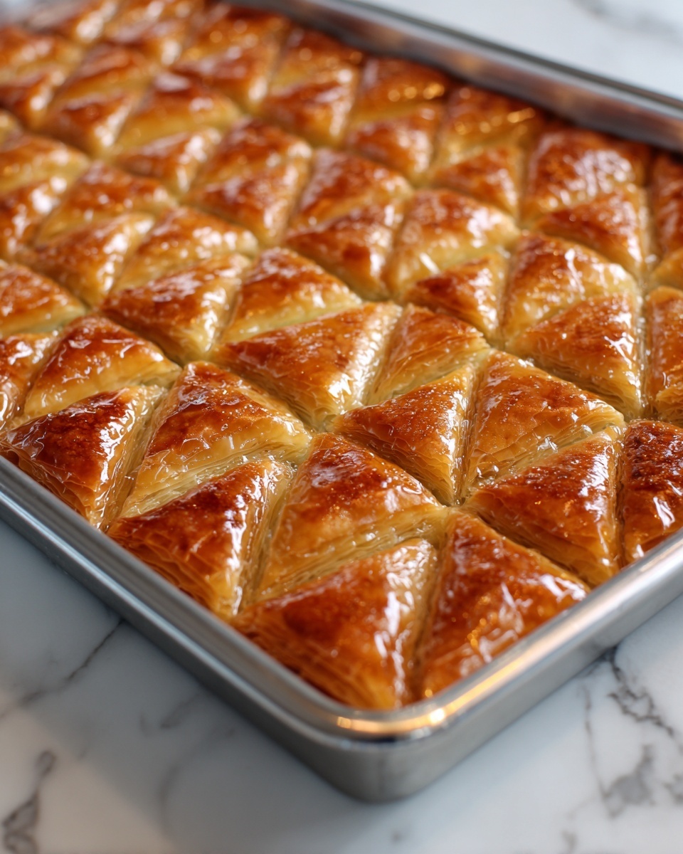 The image shows a large rectangular metal baking tray filled with neatly arranged diagonal diamond-shaped pieces of a light golden brown pastry. The pastry has a shiny, glossy surface that looks like it has been brushed with syrup or honey. Each diamond piece is uniform in size, and the layers of flaky pastry create a slightly textured look. The tray sits on a white marbled surface. photo taken with an iphone --ar 4:5 --v 7