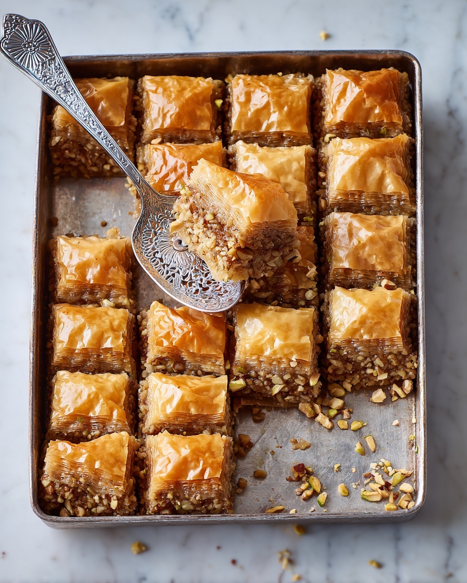 The image shows a metal baking tray with a layered pastry dessert cut into diamond shapes. Each piece has thin, golden-brown, flaky layers on top and bottom, with a visible middle layer filled with a crumbly, light brown nut mixture. One piece is slightly lifted on a silver serving spatula to reveal the filling clearly. Small flakes and crumbs from the pastry are scattered inside the tray. The surface under the tray is a white marbled texture. photo taken with an iphone --ar 4:5 --v 7