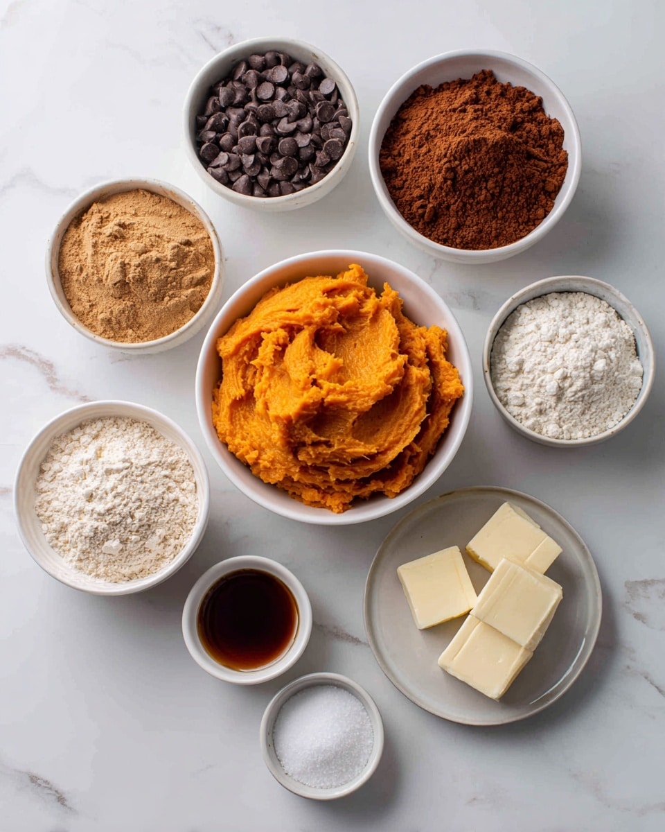 Seven small white bowls are spread on a white marbled surface showing different ingredients for baking. In the center is a bowl filled with smooth, bright orange mashed sweet potatoes. Around it, clockwise from the top left, are bowls with dark brown chocolate chips, smooth light brown peanut butter, reddish-brown cocoa powder, white flour, light brown packed brown sugar, a small white plate with two small butter cubes and two white powders (likely baking soda and salt), and a tiny bowl with dark amber liquid (vanilla extract). The bowls and plate are evenly spaced, and the colors and textures of each ingredient contrast clearly on the white marbled surface. Photo taken with an iphone --ar 4:5 --v 7