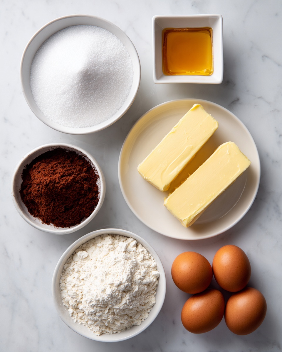 On a white marbled surface, there are seven ingredients arranged neatly: at the top left is a bowl filled with fine white sugar that looks soft and smooth inside, in the center top is a small white square dish holding a golden brown liquid, likely vanilla essence. To the right, a white round plate carries two light yellow sticks of butter side by side. Below the sugar and vanilla, a white bowl contains dark brown cocoa powder with a slightly rough texture. Near the lower left is a smaller white bowl filled with white flour. On the bottom right, four brown eggs sit close together, their smooth shells contrasting with the powders and liquids around them. photo taken with an iphone --ar 4:5 --v 7
