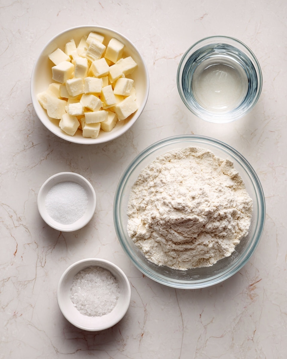 Five clear bowls and two white bowls sit on a white marbled surface. In the center, the largest clear bowl holds a mound of white flour with a soft texture. To its top right is a smaller clear bowl filled with a clear liquid that looks like water. Above the flour to the left, a white bowl is full of small pale yellow cubes of a solid ingredient, giving a slightly soft feel. Above and to the left of the flour bowl is a small white bowl containing fine white salt. Below and slightly left of the flour bowl, another small white bowl holds a white crystalline substance that looks like sugar. The setup shows all ingredients neatly placed and ready for mixing. photo taken with an iphone --ar 4:5 --v 7
