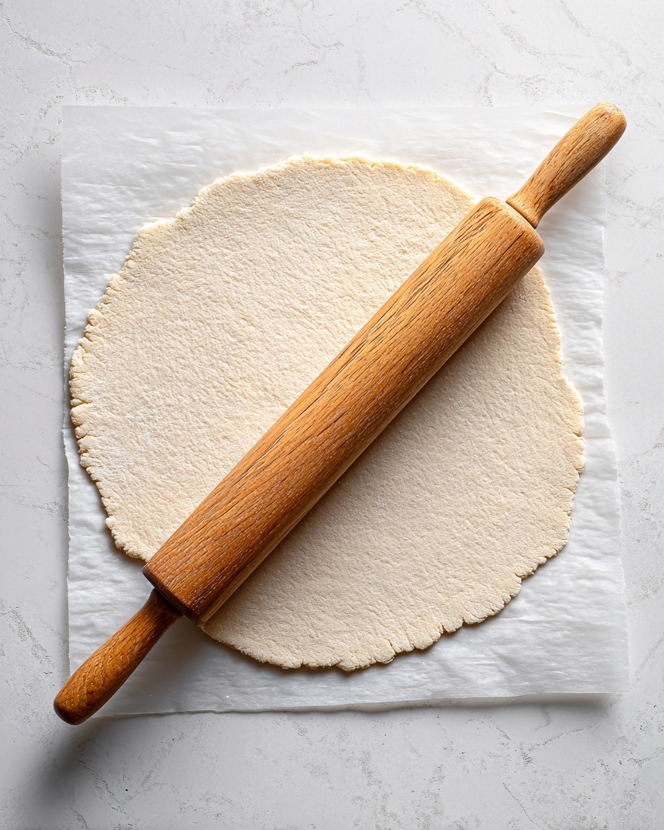 A large, light wooden rolling pin lies horizontally across an uneven light beige dough that is rolled out thinly on a sheet of white parchment paper. The dough has soft, irregular edges and a smooth texture. This all rests on a white marbled surface with subtle grey veins, giving a clean and bright background. The rolling pin shows some faint flour spots, adding a natural cooking feel. Photo taken with an iphone --ar 4:5 --v 7