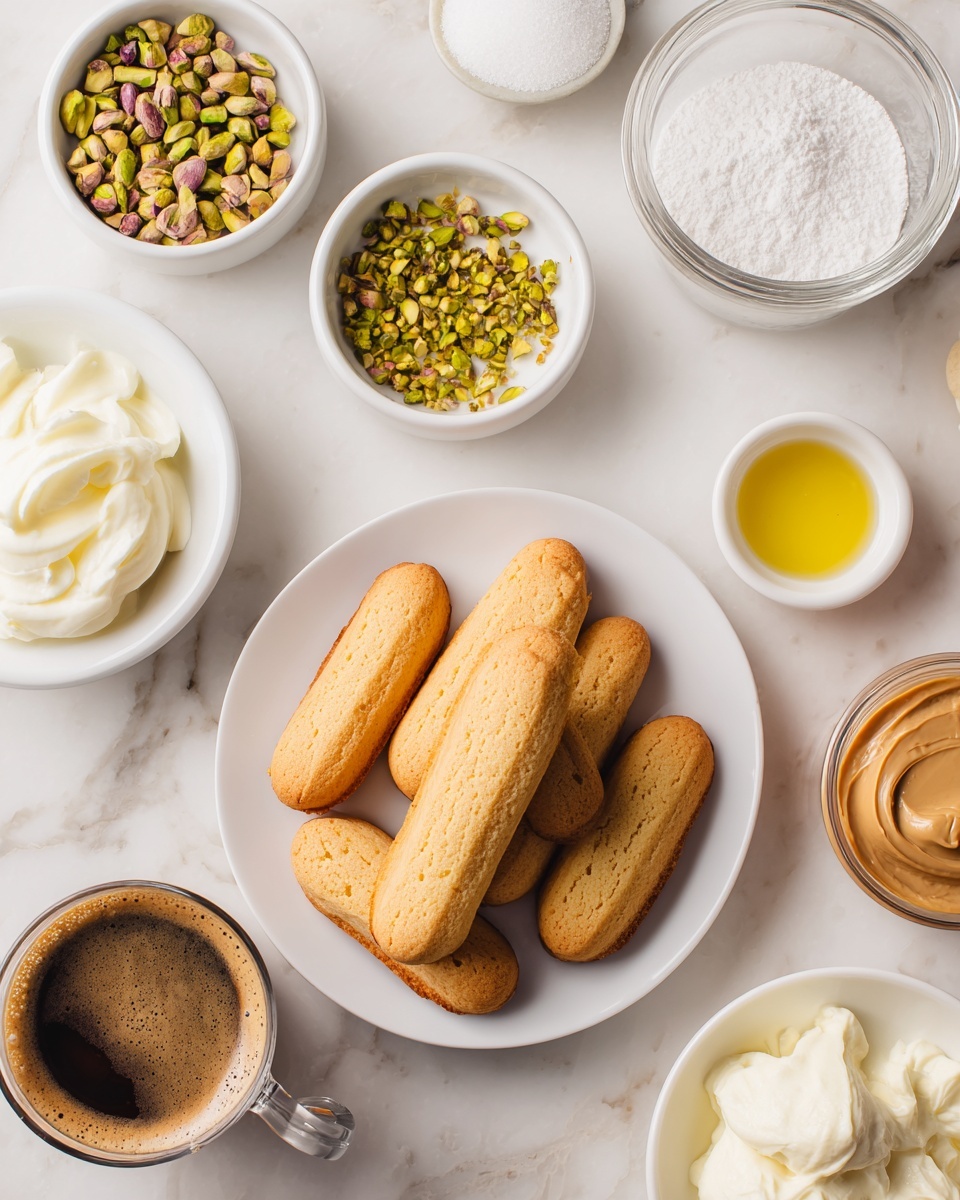 The image shows an arrangement of ingredients on a white marbled surface, with a white plate full of light brown ladyfinger biscuits as the main focus in the bottom left. Surrounding the plate are small white bowls and a glass jar holding various items: finely chopped green pistachios, white granulated sugar, creamy white mascarpone cheese with a smooth texture, and a small amount of golden syrup in a tiny white dish. There is also a glass cup filled with dark brown coffee with a light foam top, and a small jar with light brown creamy spread. The setup is clean and bright, ready for dessert preparation. photo taken with an iphone --ar 4:5 --v 7