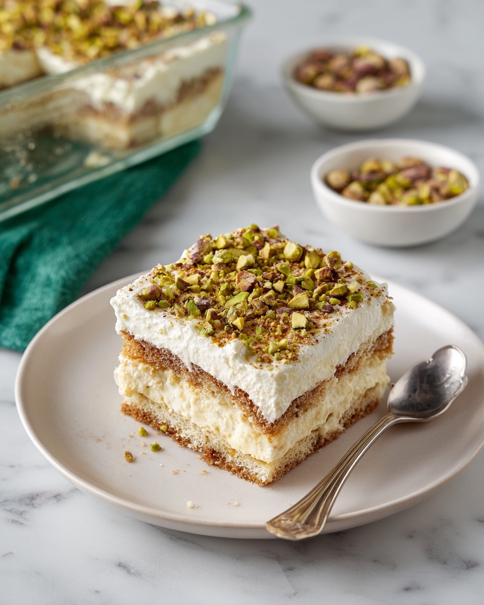 A square piece of layered dessert sits in the middle of a white plate on a white marbled surface. The dessert has four layers: two light cream layers and two darker brown cake layers alternating. The top layer is spread with a light cream frosting and sprinkled generously with chopped pistachios in shades of green and purple. In the background, a transparent rectangular dish holds the rest of the dessert, showing the same layered pattern inside. Nearby, a small white plate contains some of the chopped pistachios, and a silver spoon lies beside it. A light green cloth is partially visible on the left side. Photo taken with an iphone --ar 4:5 --v 7