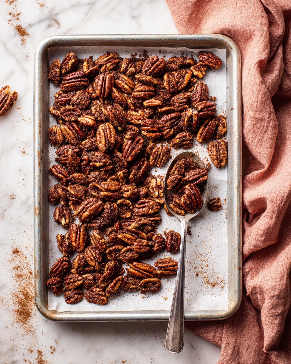 A silver baking tray lined with white parchment paper holds a single layer of roasted pecan halves, each pecan covered in a textured coating of cinnamon and sugar, giving them a rough, slightly grainy surface in shades of dark brown. In the lower right corner, a silver spoon scoops up a few coated pecans, showing their clustered shapes and granular coating. The tray rests on a white marbled surface with a soft pink cloth partially visible in the upper right corner. Photo taken with an iphone --ar 4:5 --v 7