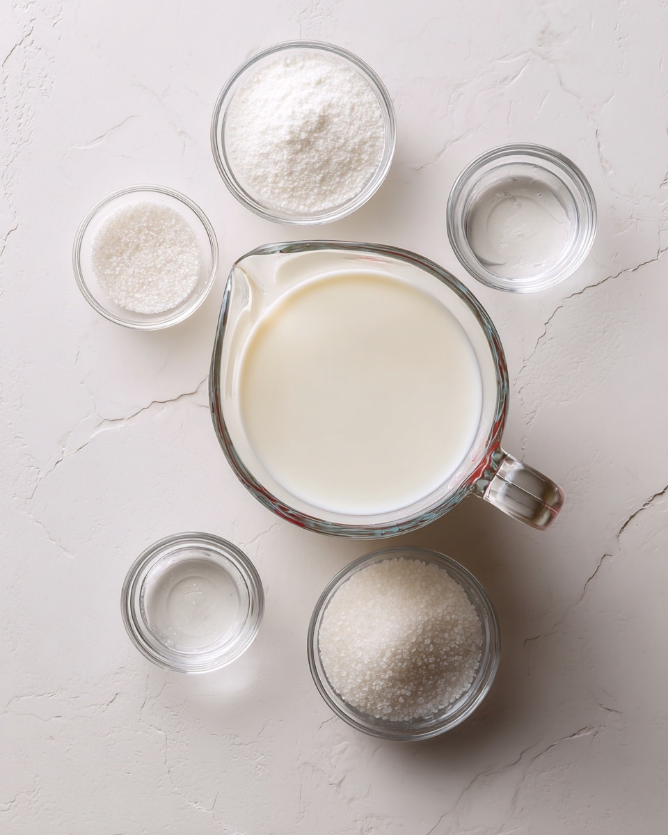 The image shows a clear glass measuring cup filled with white milk placed at the center on a white marbled surface. Around it are five small clear glass bowls evenly spaced, each containing a different white or light ingredient: two bowls have fine white powders, one has granulated white sugar, and two are empty or have a clear liquid. The scene is minimal and clean with a soft natural light highlighting the smooth textures of the liquids and powders photo taken with an iphone --ar 4:5 --v 7
