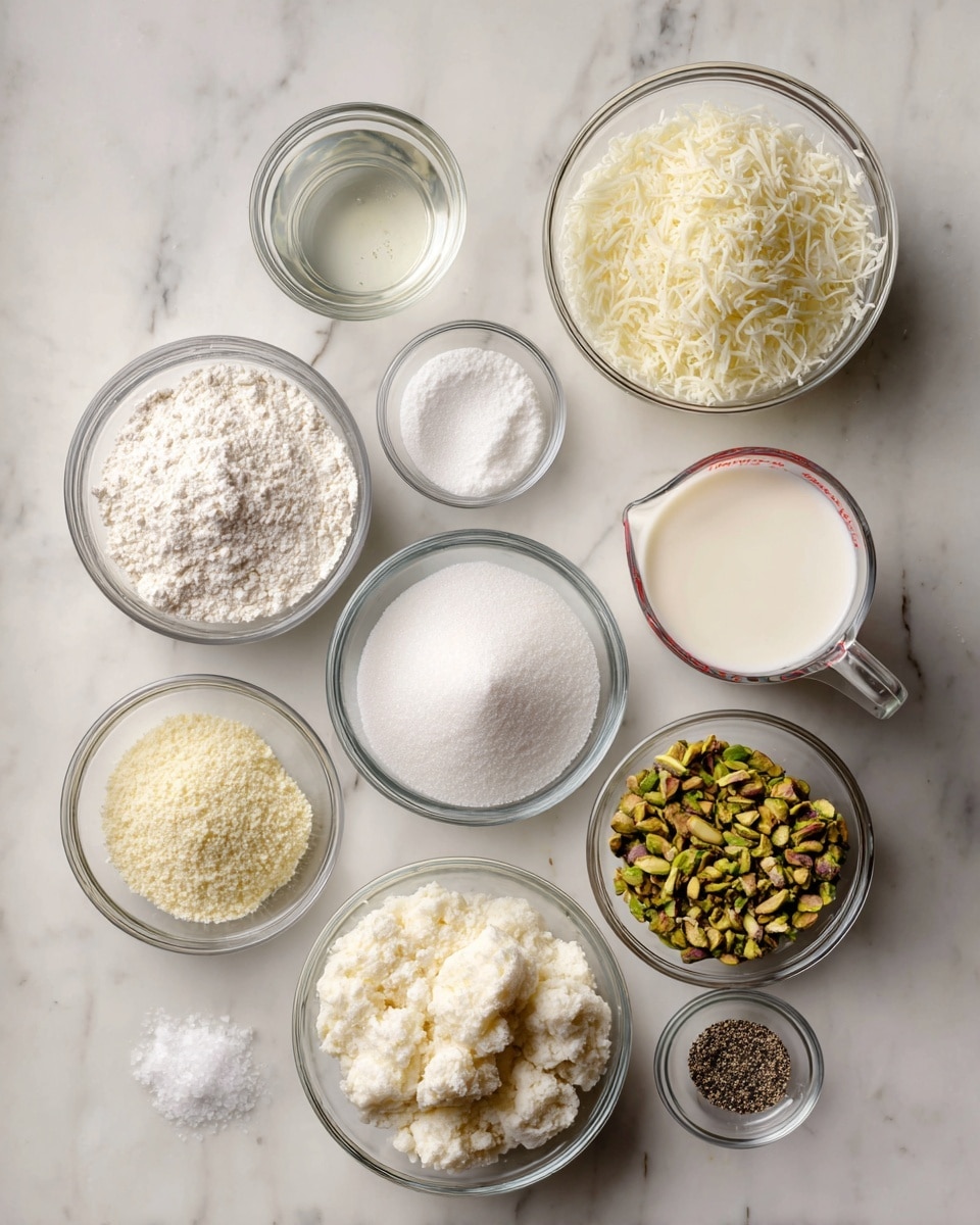 The image shows nine small clear glass bowls arranged on a white marbled surface, each holding different ingredients. Starting from the top left, there is a bowl with a clear liquid, followed by a bowl with white flour. Next to it is a bowl filled with shredded white cheese, and to its right, a glass measuring cup with white milk. Below these are a bowl with white granulated sugar in the center, a bowl with a crumbly white substance to the right, and a bowl with small chopped green pistachios. At the bottom left, there is a bowl with a pale yellow powder, and next to it, a very small bowl containing white salt, black pepper, and a light-colored yeast or baking powder mix. The bowls and measuring cup are all clear, showing the textures and colors of their contents clearly, with the white marbled surface visible around them. photo taken with an iphone --ar 4:5 --v 7