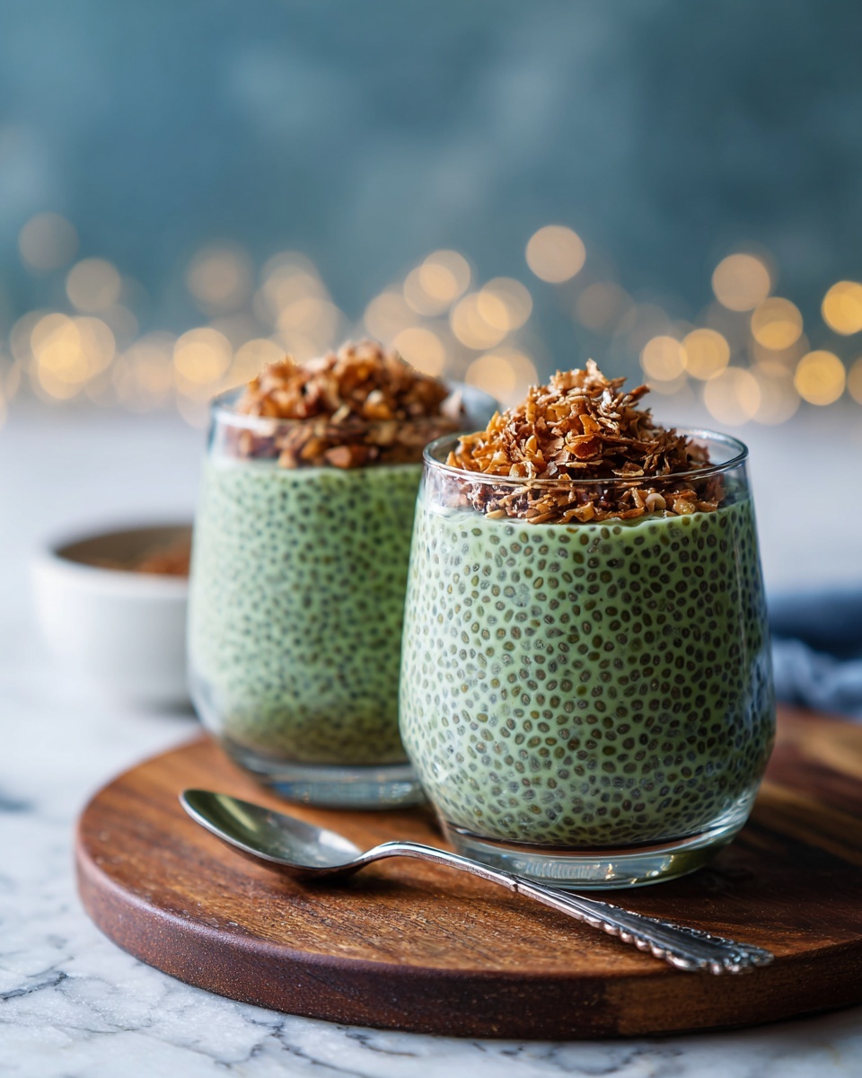 Two clear glass cups are filled with three layers: the bottom two layers are thick and green with small black chia seeds spread evenly throughout, and the top layer is a light brown crumbly topping piled in a small mound. The glasses are placed on a round wooden board with a few crumbs scattered around. In the background, there is a white bowl and some warm light bokeh on a beige wall, all on a white marbled surface. A silver spoon lies flat near the board. Photo taken with an iphone --ar 4:5 --v 7