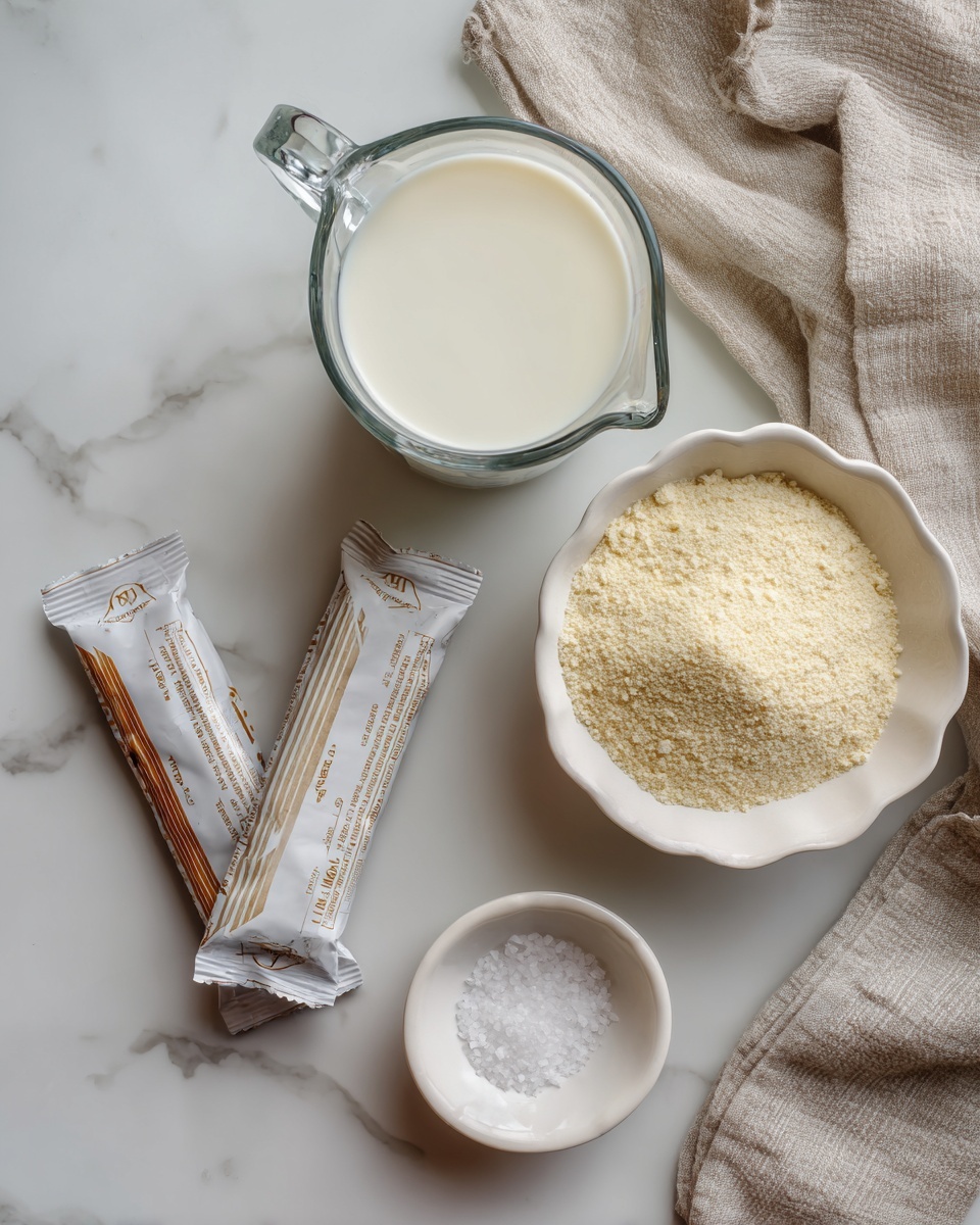 The image shows a top-down view of ingredients arranged on a white marbled surface. At the top center, there is a glass measuring cup filled with white milk. Below and to the left of it, two protein bars in white packaging lie parallel side by side. To the right of the bars, there is a small white scalloped bowl filled with pale yellow powder. Below the powder, a smaller smooth white bowl contains a few grains of coarse salt. A beige cloth is partly visible on the right edge of the frame. photo taken with an iphone --ar 4:5 --v 7