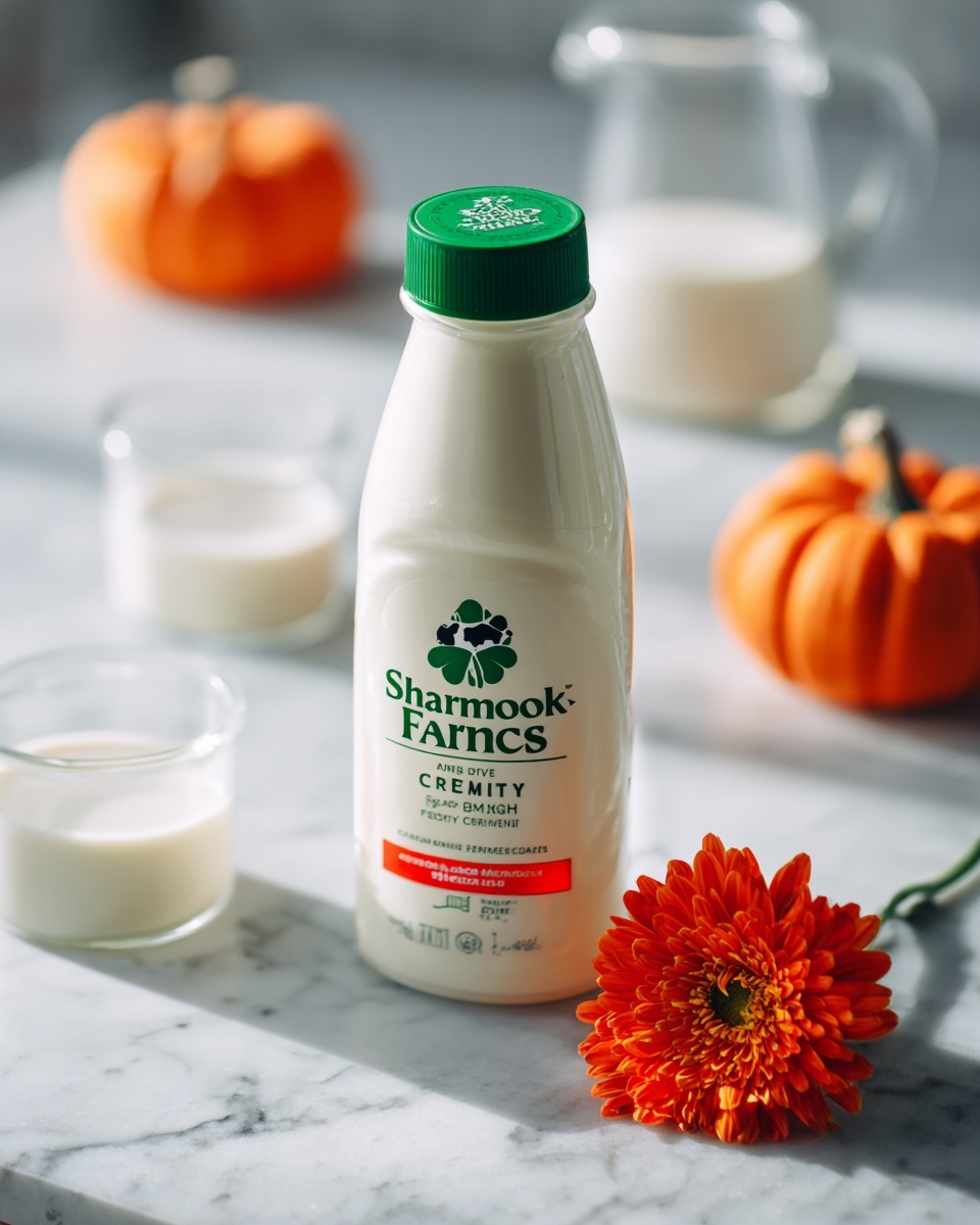 The image shows a green and white heavy whipping cream bottle standing on a white marbled surface. The bottle has a curved shape with a green cap and the label features red and brown text along with a small white cow logo near the top. In front of the bottle is a bright orange flower with green tones at its center. Behind the bottle, blurred, are two small orange pumpkins and a clear measuring cup with white liquid inside, all set against a soft grey background with a white marbled texture beneath. photo taken with an iphone --ar 4:5 --v 7