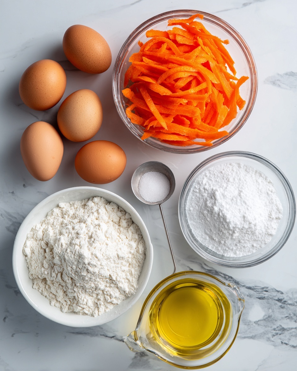The image shows six ingredients arranged on a stone-like surface now changed to a white marbled texture: a clear bowl filled with bright orange carrot slices at the top left, a clear bowl filled with white granulated sugar at the top right, a white bowl filled with off-white flour at the bottom left, a clear glass measuring cup holding golden yellow oil at the bottom right, four brown eggs placed next to the white bowl of flour on the left, and a silver measuring spoon with a small amount of white salt placed next to the flour bowl on the right, all viewed from above. photo taken with an iphone --ar 4:5 --v 7