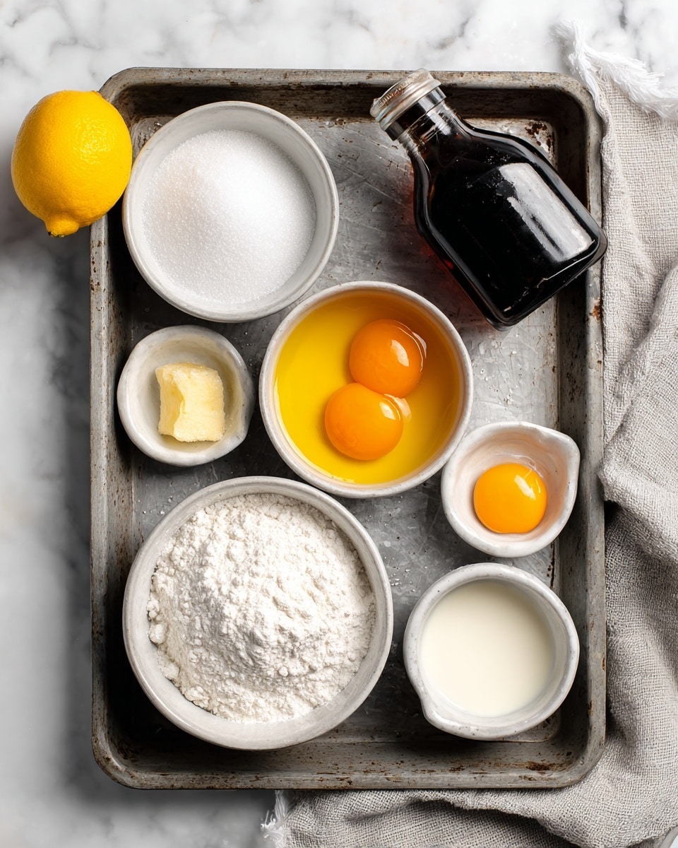 The image shows a silver tray on a white marbled surface holding a yellow lemon, a dark brown bottle of vanilla extract lying diagonally, and five white small fluted bowls arranged neatly. The bowls contain white granulated sugar at the top middle, melted butter top right, orange egg yolk middle right, white flour bottom left, and light liquid milk bottom middle. A beige cloth is partly visible on the right side of the tray. Photo taken with an iphone --ar 4:5 --v 7