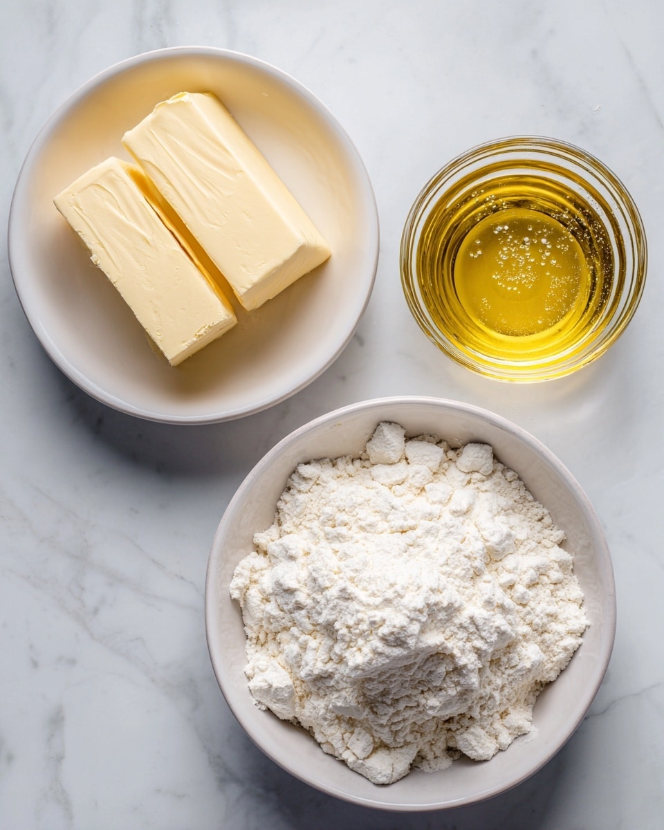 The image shows three bowls placed on a white marbled surface. The first bowl, a white one on the left, holds two thick chunks of pale yellow butter with a soft texture. The second bowl, also white and positioned at the bottom right, contains a heap of fine white flour with a slightly powdery texture. Above them is a clear glass cup filled with a golden-yellow liquid that looks smooth and slightly translucent. The bowls and the cup are arranged closely, making a simple scene of cooking ingredients photo taken with an iphone --ar 4:5 --v 7