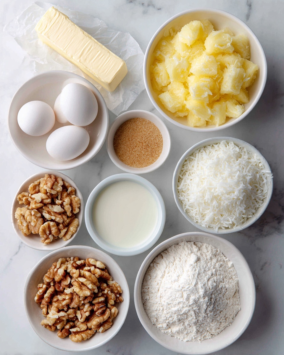 The image shows various ingredients for baking placed on a white marbled surface. There is one white bowl filled with golden yellow crushed pineapple near the top center. To its right, a white bowl is full of fluffy shredded white coconut. Below the coconut, a white bowl holds fine granulated white sugar. Near the center, a small white bowl contains light brown packed brown sugar, and beside it, a small white bowl has walnut pieces. To the left, two white eggs lay on the surface near a half-stick block of yellow butter. At the bottom left, a small white bowl holds creamy light beige evaporated milk, and near the bottom right, a white bowl is filled with white flour mixed with baking soda and salt. A small container of vanilla extract sits near the top left. All ingredients are neatly arranged and clearly separated. photo taken with an iphone --ar 4:5 --v 7