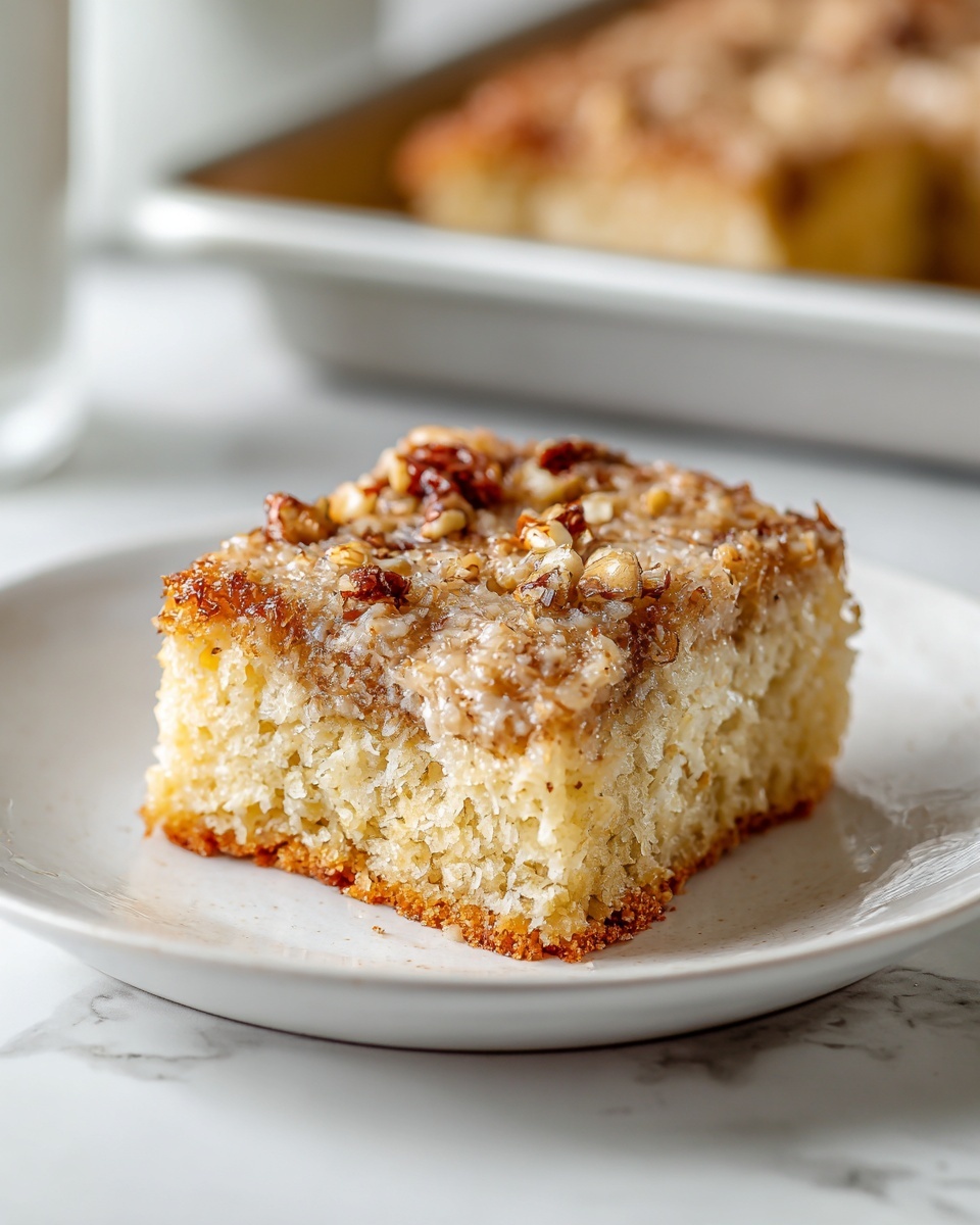 A single square piece of cake sits on a white plate placed on a white marbled surface. The cake has two layers: the bottom layer is a light golden brown, soft and crumbly textured, while the top layer is covered with small pieces of light brown chopped nuts and shredded coconut, which add a rough texture. Crumbs are scattered near the cake on the plate. In the background, out of focus, a larger rectangular tray of the same cake is visible. Photo taken with an iphone --ar 4:5 --v 7