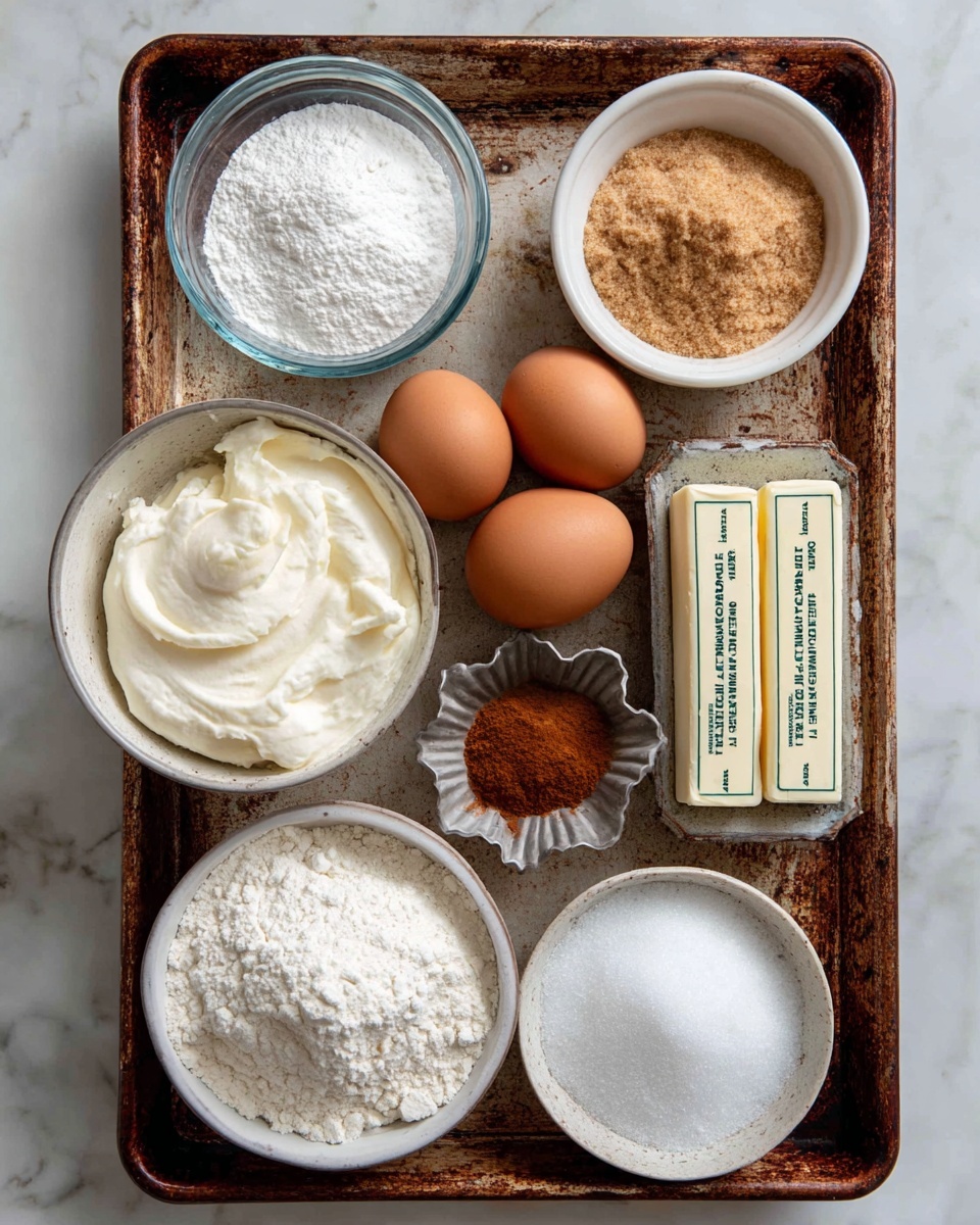 A top view of a baking tray on a white marbled surface holds various ingredients. At the top left, a clear glass bowl filled with white vanilla extract powder sits next to a white bowl of light brown sugar on the right. Below these bowls, two brown eggs rest directly on the tray beside a small metal flower-shaped dish with cinnamon. To the right of the eggs and cinnamon are two sticks of light yellow butter labeled