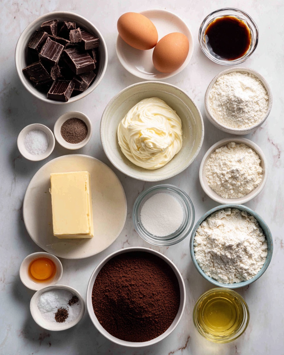 The image shows many baking ingredients neatly arranged on a white marbled surface. From left to right, there is a bowl filled with dark chocolate pieces, a white plate holding a block of yellow butter, a glass bowl of white cream, and a white bowl full of white sugar. Below these, small glass bowls contain vanilla extract, an egg yolk, two brown eggs in a white bowl, and small clear bowls of baking powder, salt, and baking soda. To the right, there is a glass bowl filled with dark cocoa powder, a small glass bowl with pale yellow butter, and a white bowl of white flour. In the lower row, small bowls hold white powdered sugar, a clear liquid, instant coffee granules, a dark brown liquid, and a light yellow oil. All items are spaced out evenly, clearly showing different colors and textures. Photo taken with an iphone --ar 4:5 --v 7